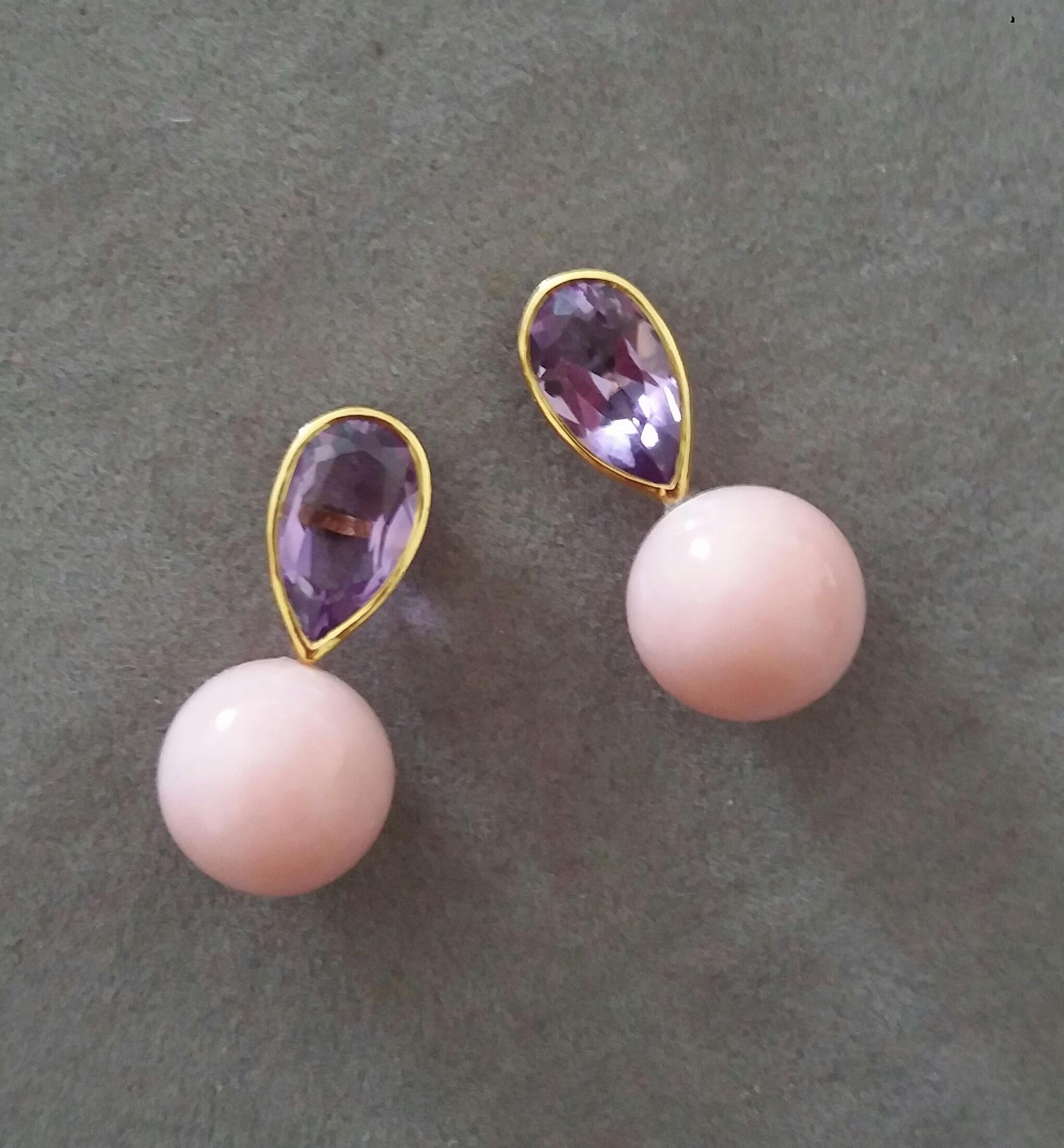 Contemporary 4.55 Carat Pear Shape Amethysts Gold Bezel Pink Opal Round Beads Stud Earrings For Sale