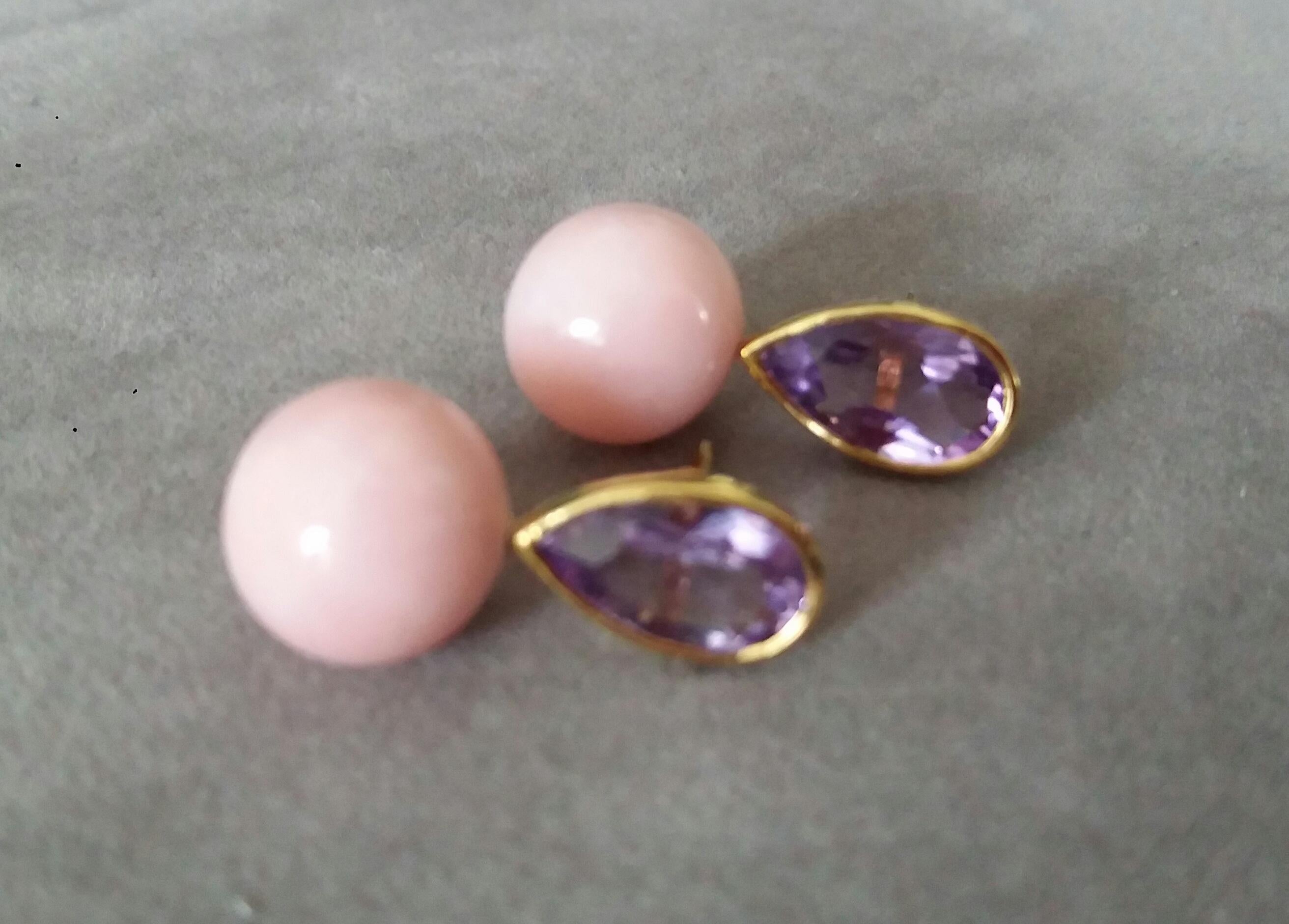 Pear Cut 4.55 Carat Pear Shape Amethysts Gold Bezel Pink Opal Round Beads Stud Earrings For Sale