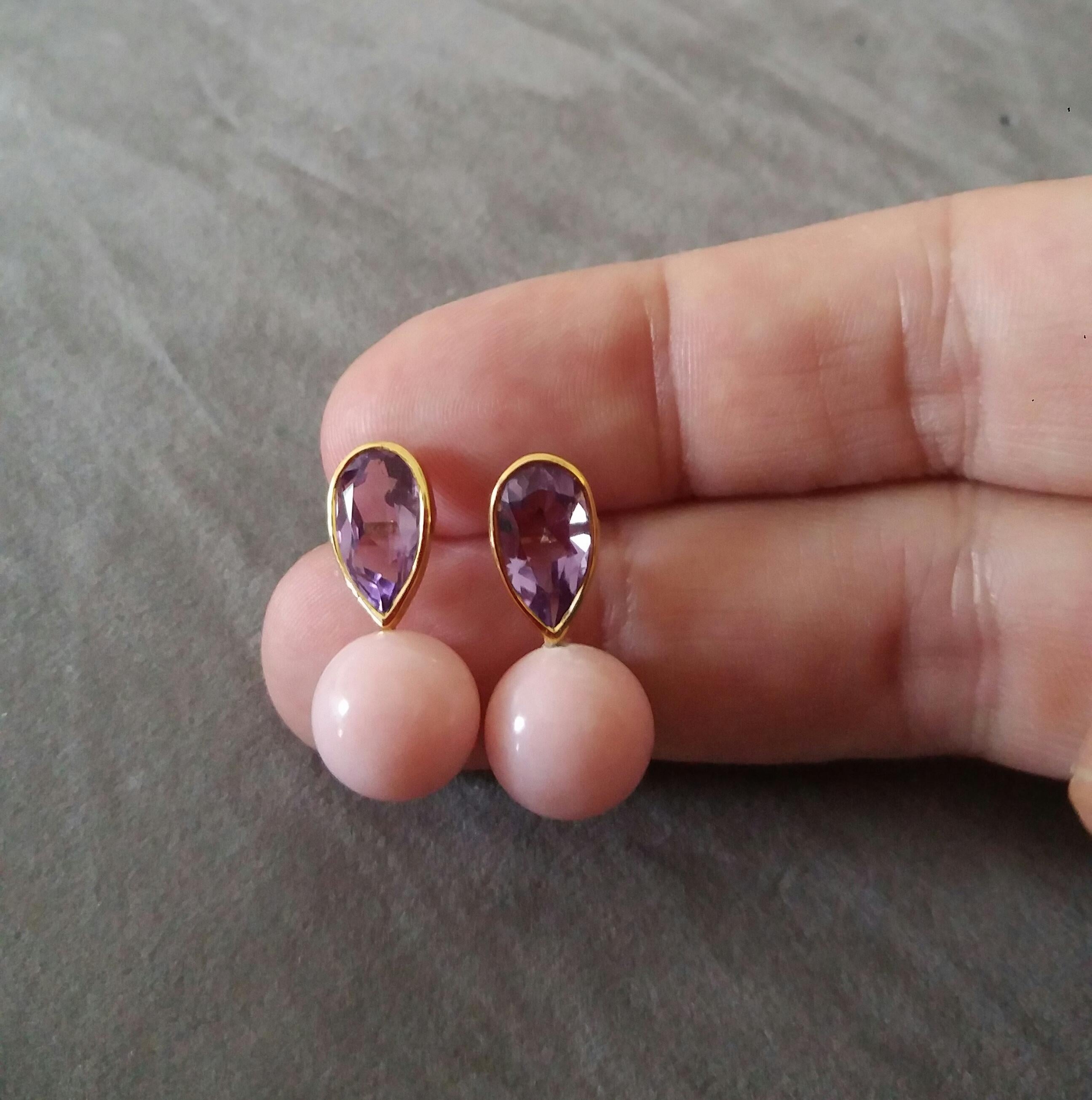 4.55 Carat Pear Shape Amethysts Gold Bezel Pink Opal Round Beads Stud Earrings For Sale 1