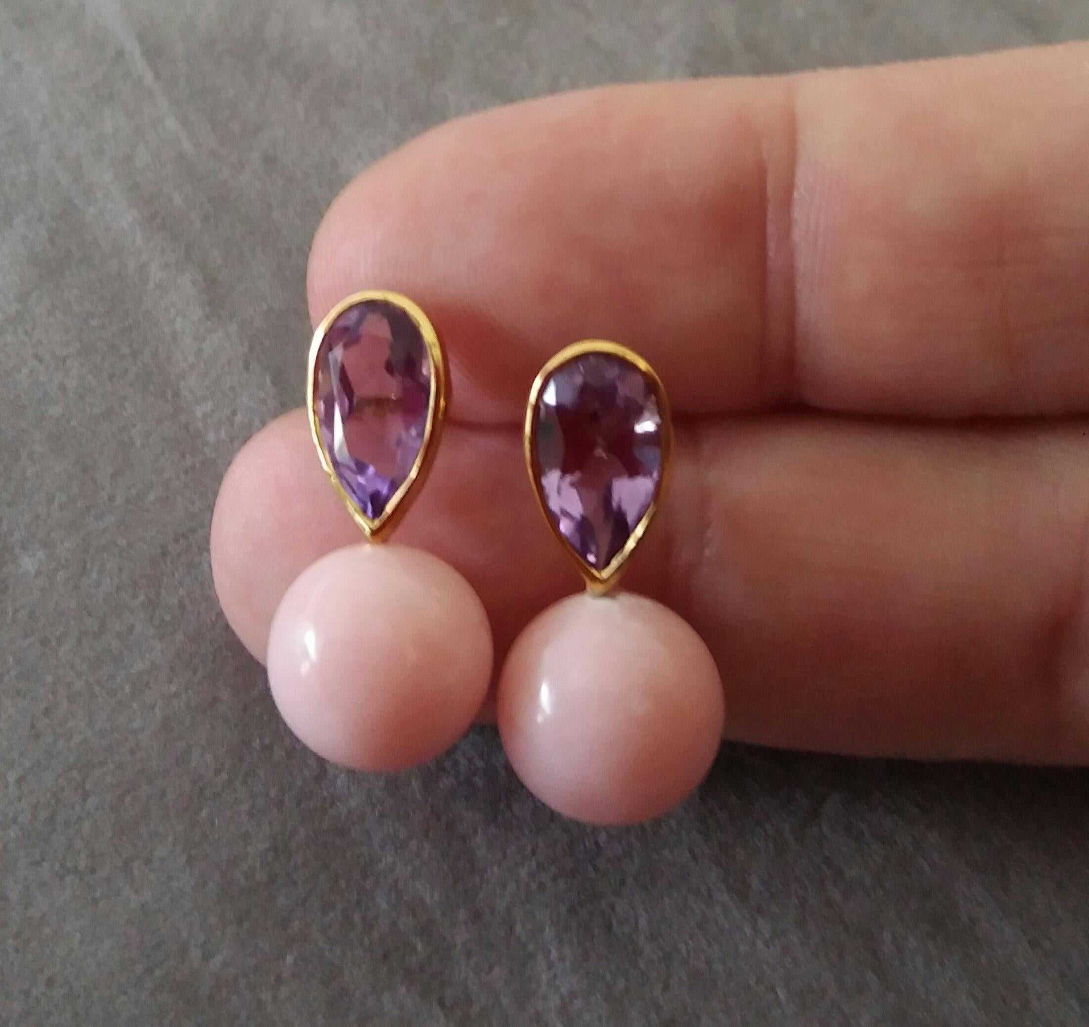 4.55 Carat Pear Shape Amethysts Gold Bezel Pink Opal Round Beads Stud Earrings For Sale 2