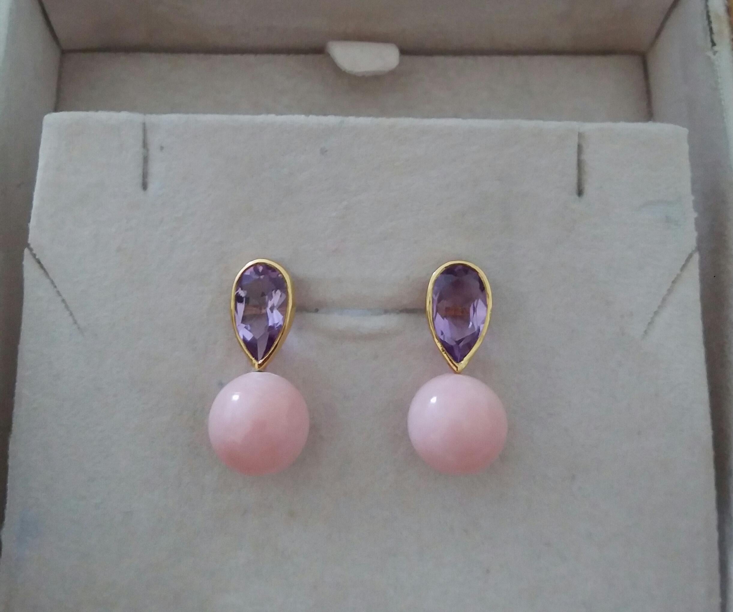 4.55 Carat Pear Shape Amethysts Gold Bezel Pink Opal Round Beads Stud Earrings For Sale 3