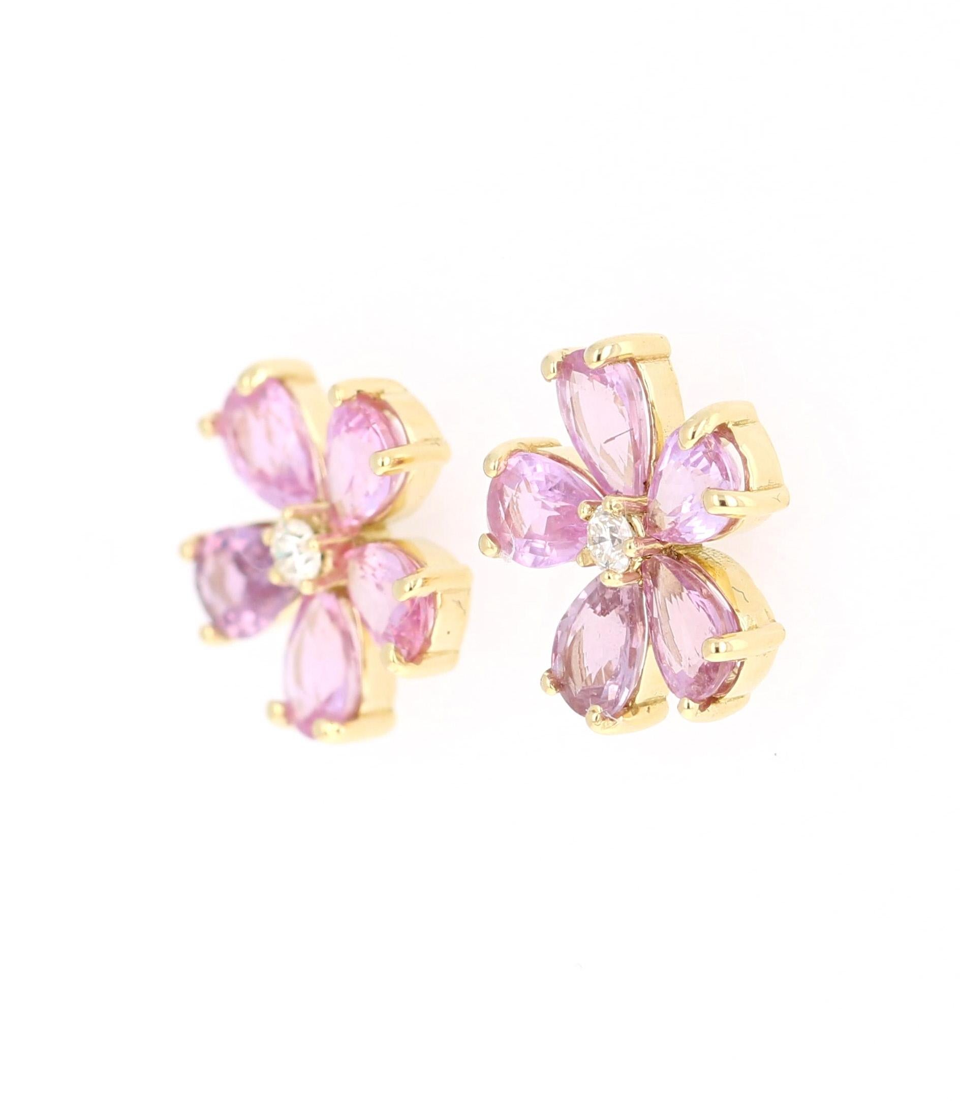 Modern 4.55 Carat Pink Purple Sapphire Diamond 18 Karat Yellow Gold Earrings