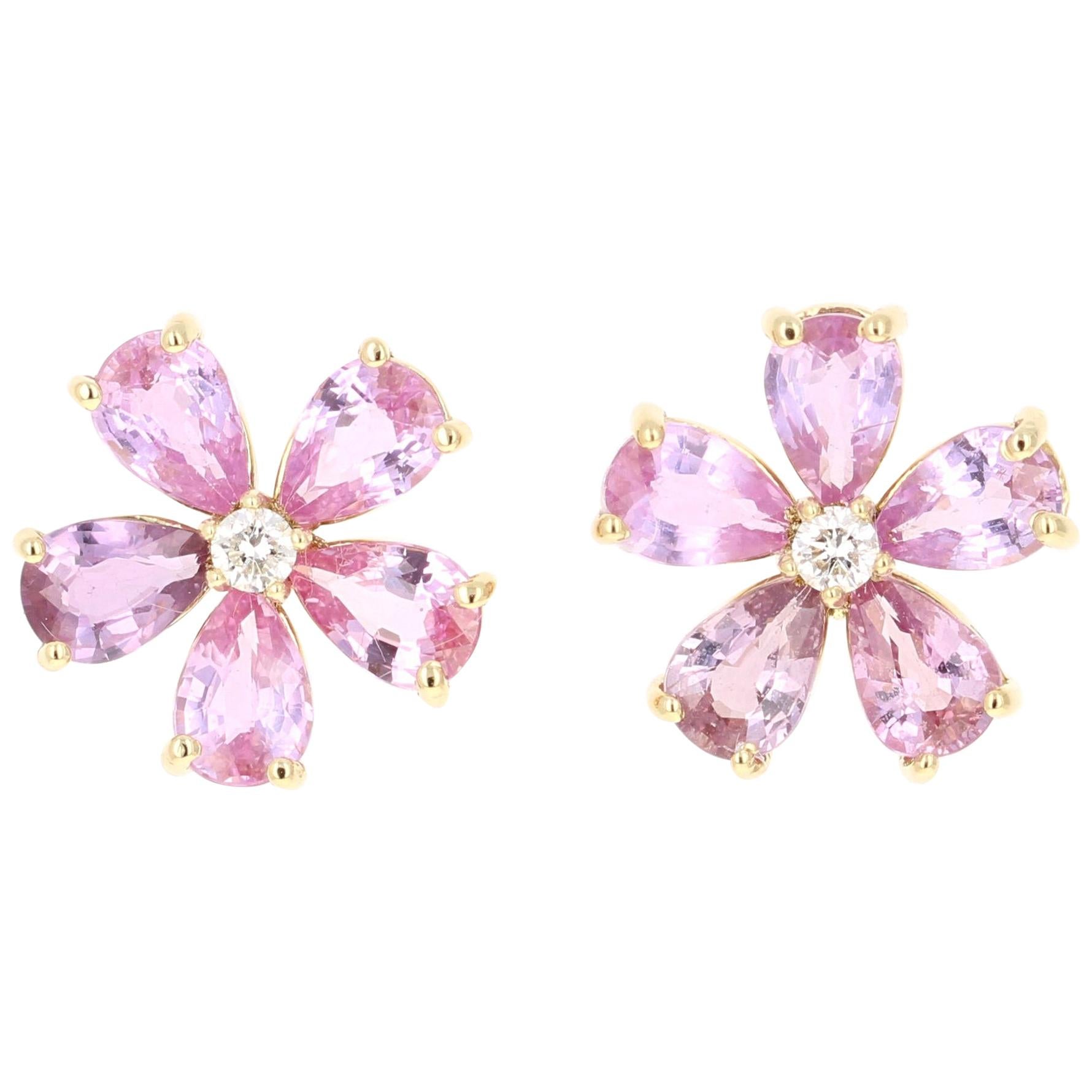 4.55 Carat Pink Purple Sapphire Diamond 18 Karat Yellow Gold Earrings