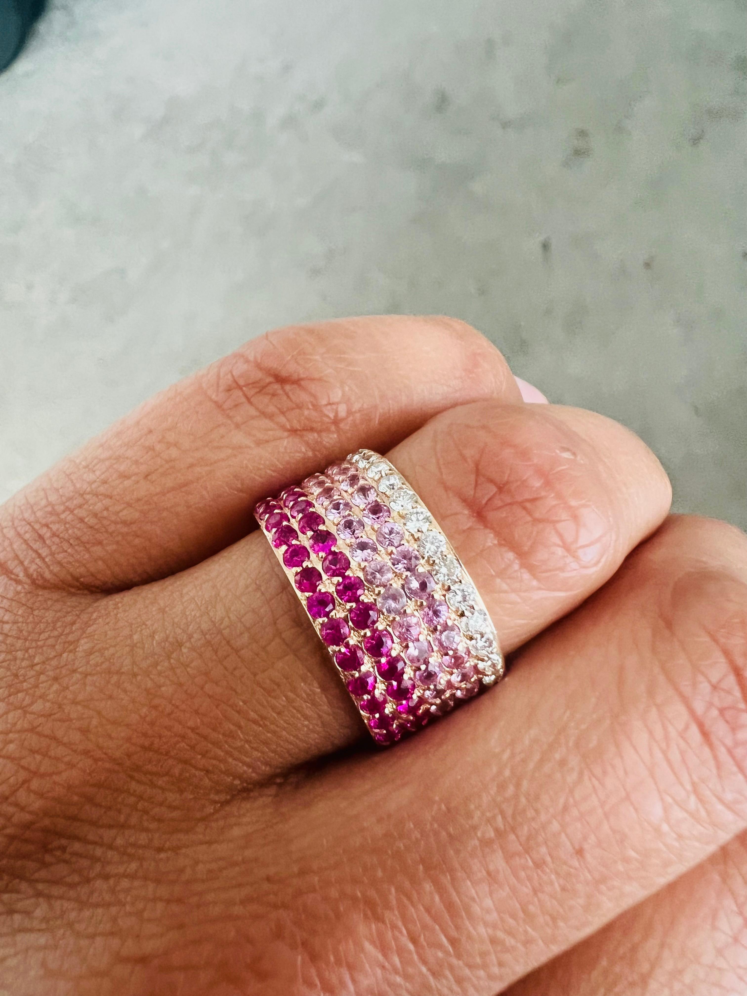 Round Cut 4.55 Carat Pink Sapphire Diamond Ombre Rose Gold Cocktail Ring