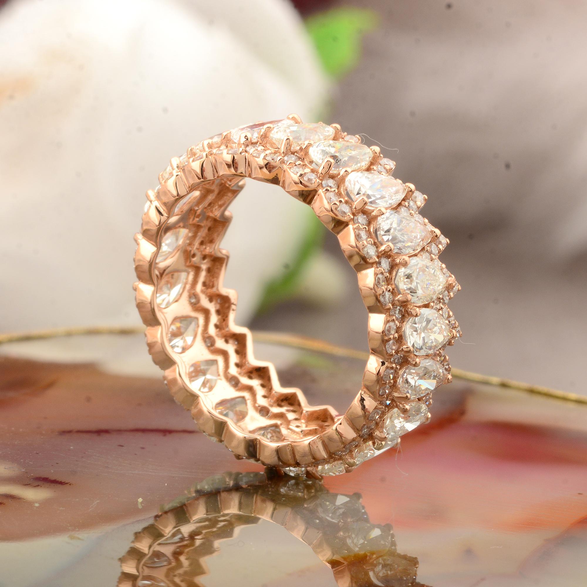 Modern 4.55 Carat Round & Pear Diamond Band Ring 14 Karat Rose Gold Handmade Jewelry For Sale