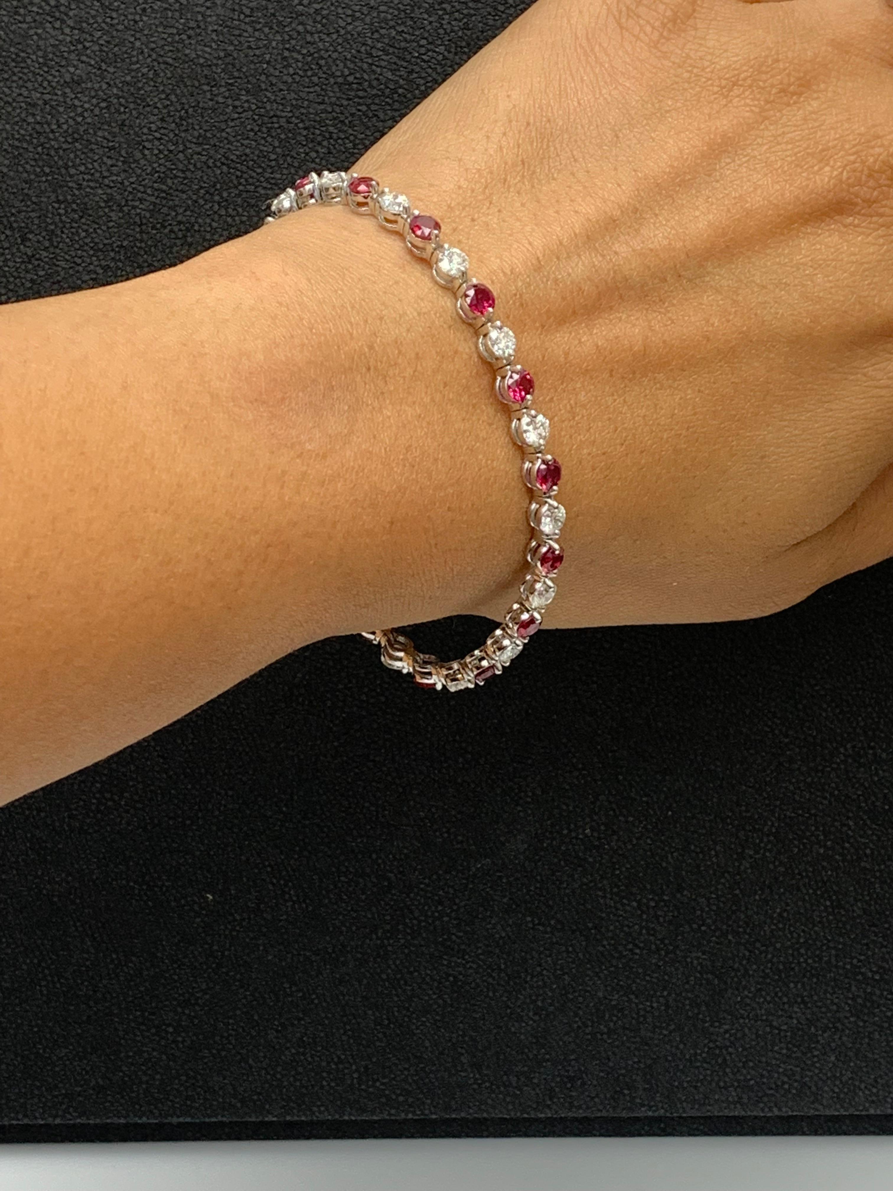 Modern 4.55 Carat Round Ruby and Diamond Bracelet in 14k White Gold For Sale