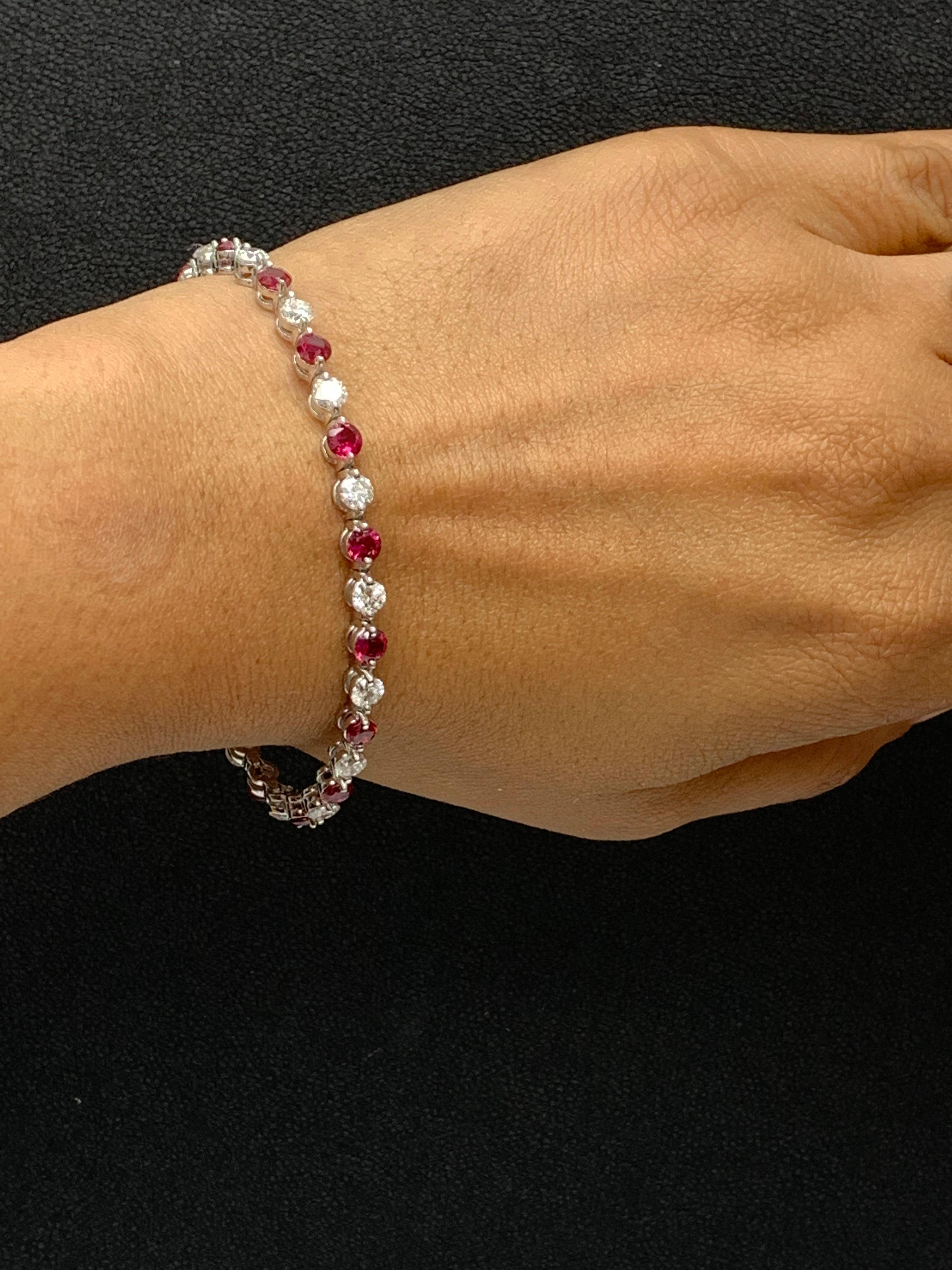 Round Cut 4.55 Carat Round Ruby and Diamond Bracelet in 14k White Gold For Sale