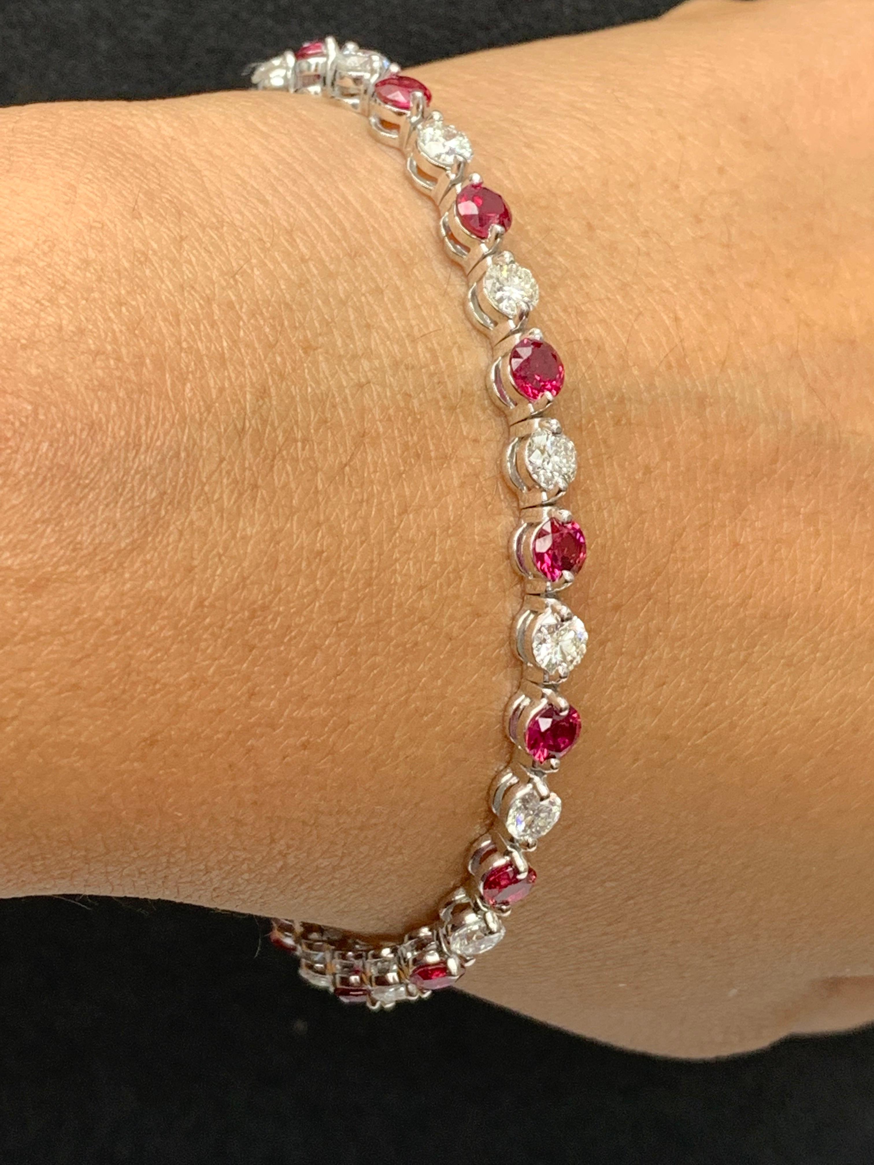 4.55 Carat Round Ruby and Diamond Bracelet in 14k White Gold For Sale 1