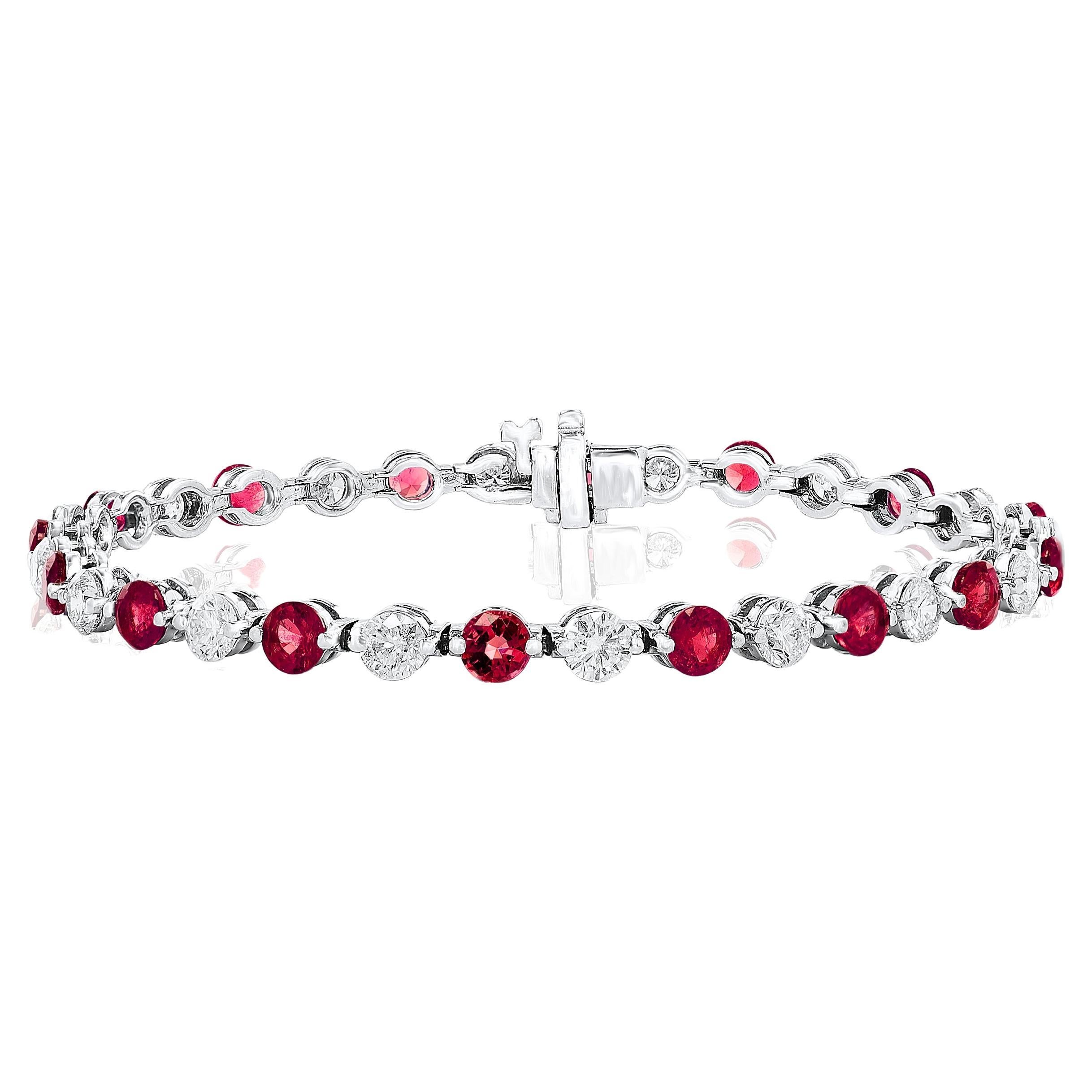 4.55 Carat Round Ruby and Diamond Bracelet in 14k White Gold For Sale