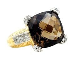 4.55 Carat Total Cushion Cut Smoky Quartz and Diamond Ring 14 Karat Yellow Gold