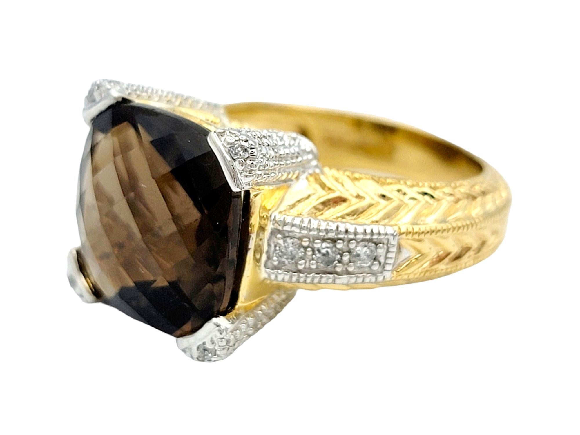 4.55 Carat Total Cushion Cut Smoky Quartz and Diamond Ring 14 Karat Yellow Gold  In Good Condition For Sale In Scottsdale, AZ
