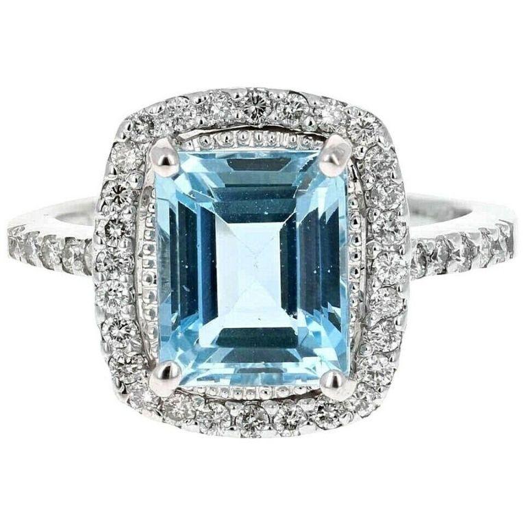 Bague en or blanc massif 14 carats avec aigue-marine naturelle de 4,55 carats et diamants Neuf - En vente à Los Angeles, CA