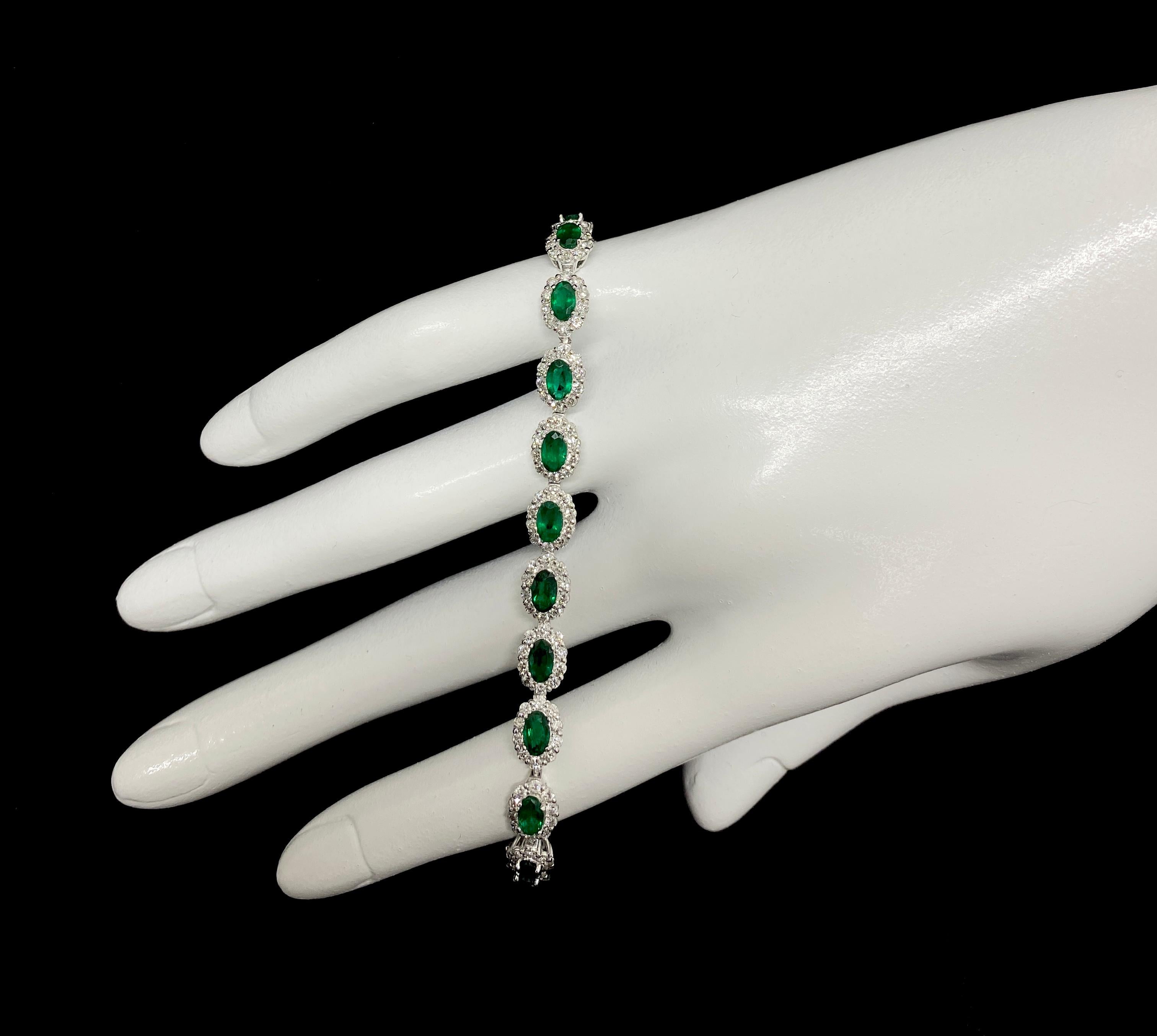 A beautiful Tennis Bracelet featuring a total of 4.55 Carats of Natural Emeralds and 1.74 Carats of Diamond Accents set in Platinum. The Emerald are of 5x3mm size. People have admired emerald’s green for thousands of years. Emeralds have always been