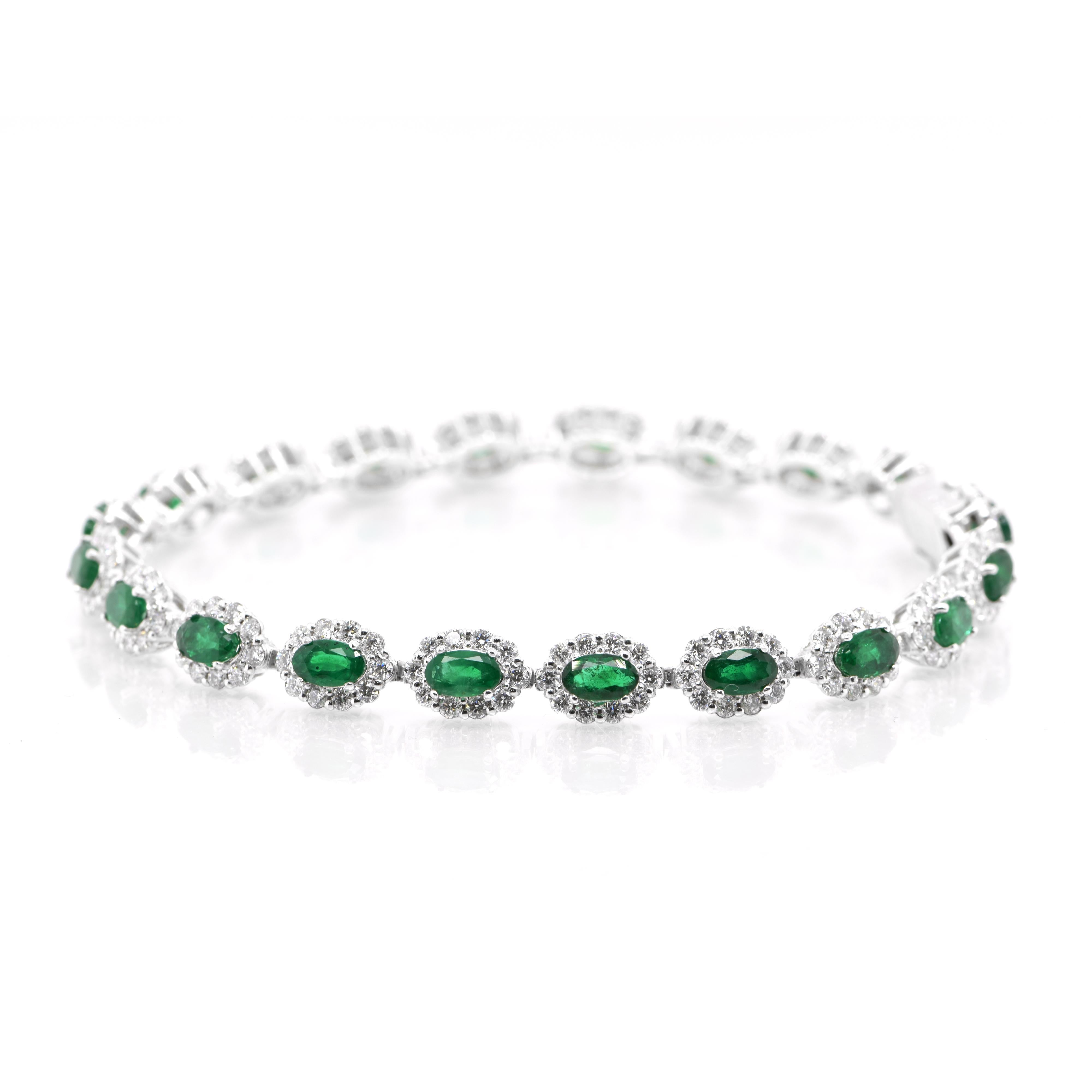 Modern 4.55 Carats, Natural Emeralds and Diamond Tennis Bracelet Set in Platinum