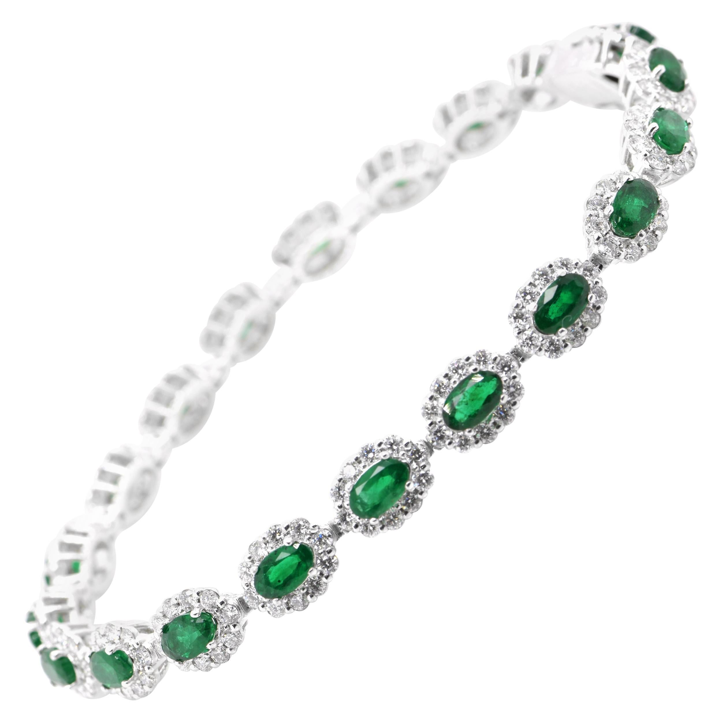 4.55 Carats, Natural Emeralds and Diamond Tennis Bracelet Set in Platinum