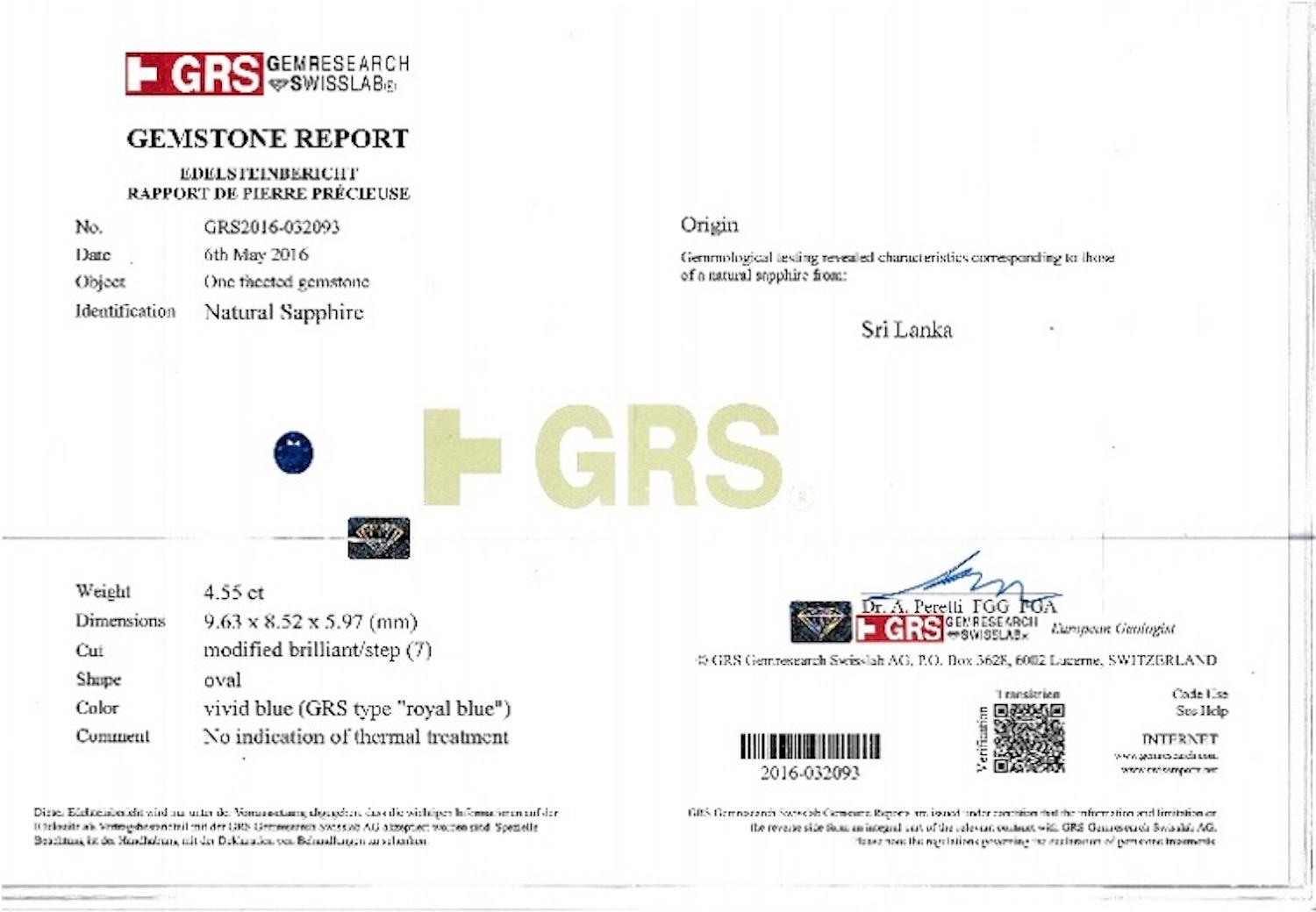 4,55 ct Unerhitzter Vivid Royal Blue Sapphire Oval GRS Certified Ceylon Ring (Ovalschliff) im Angebot
