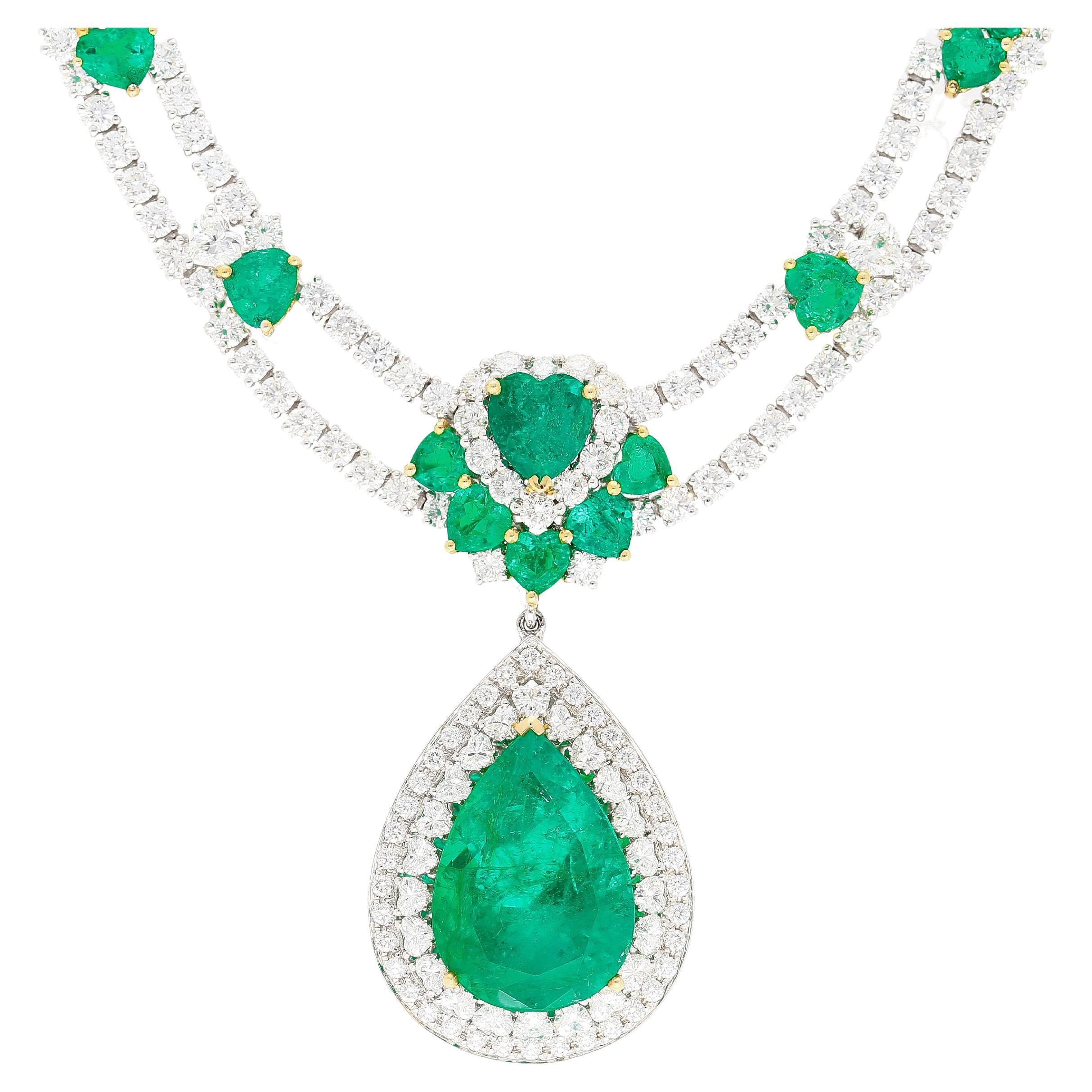 45.58 Carat TW Colombian Emerald & Diamond Chandelier Drop Necklace For Sale