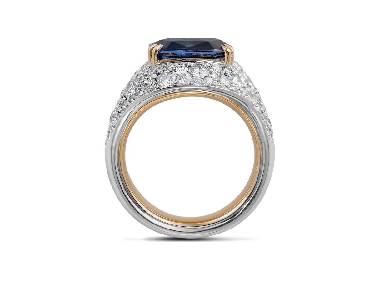 A.G Designer Jeweller custom made dress ring featuring a 4.55ct Royal blue sapphire from Sri Lanka and 80=2.08ct of random round brilliant cut diamonds in a micro pave setting. The sapphire is GRE certified from Switzerland, the highest regarded gem