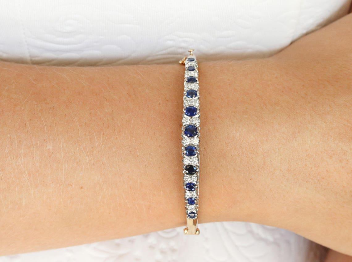 Modern 4.55tcw Sapphire & Diamond 14K Bangle Bracelet Estate Sapphire Bangle Diamond For Sale