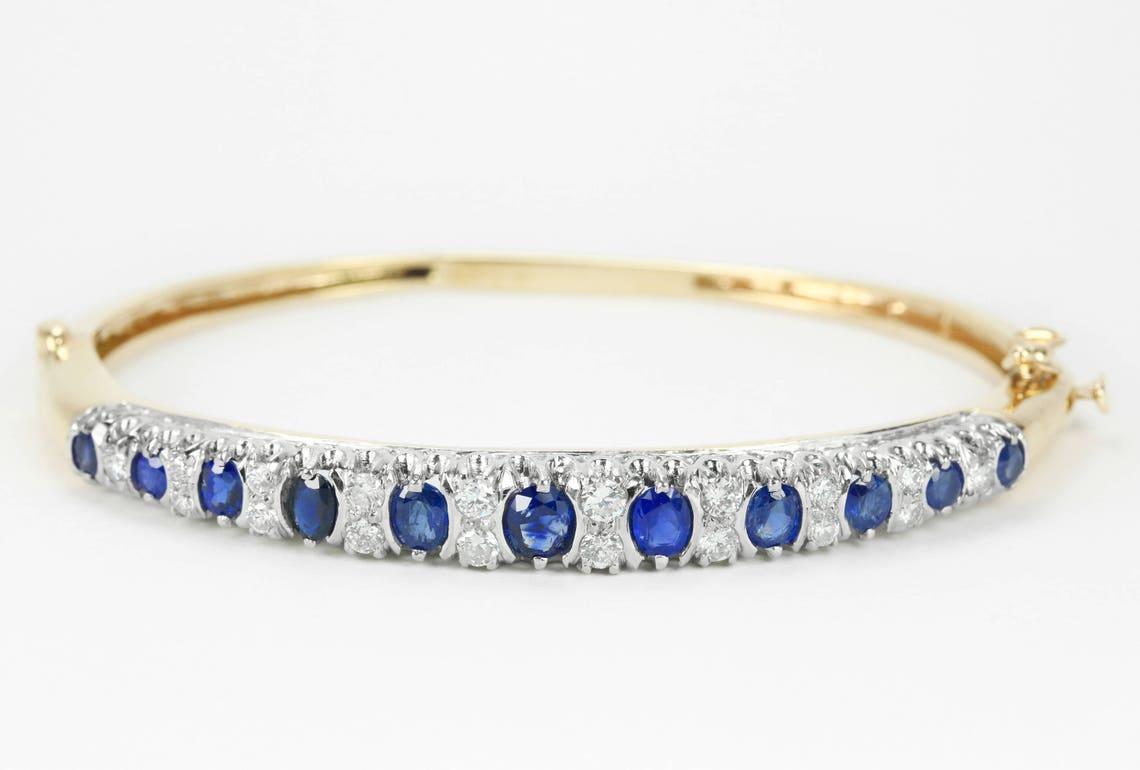 Oval Cut 4.55tcw Sapphire & Diamond 14K Bangle Bracelet Estate Sapphire Bangle Diamond For Sale