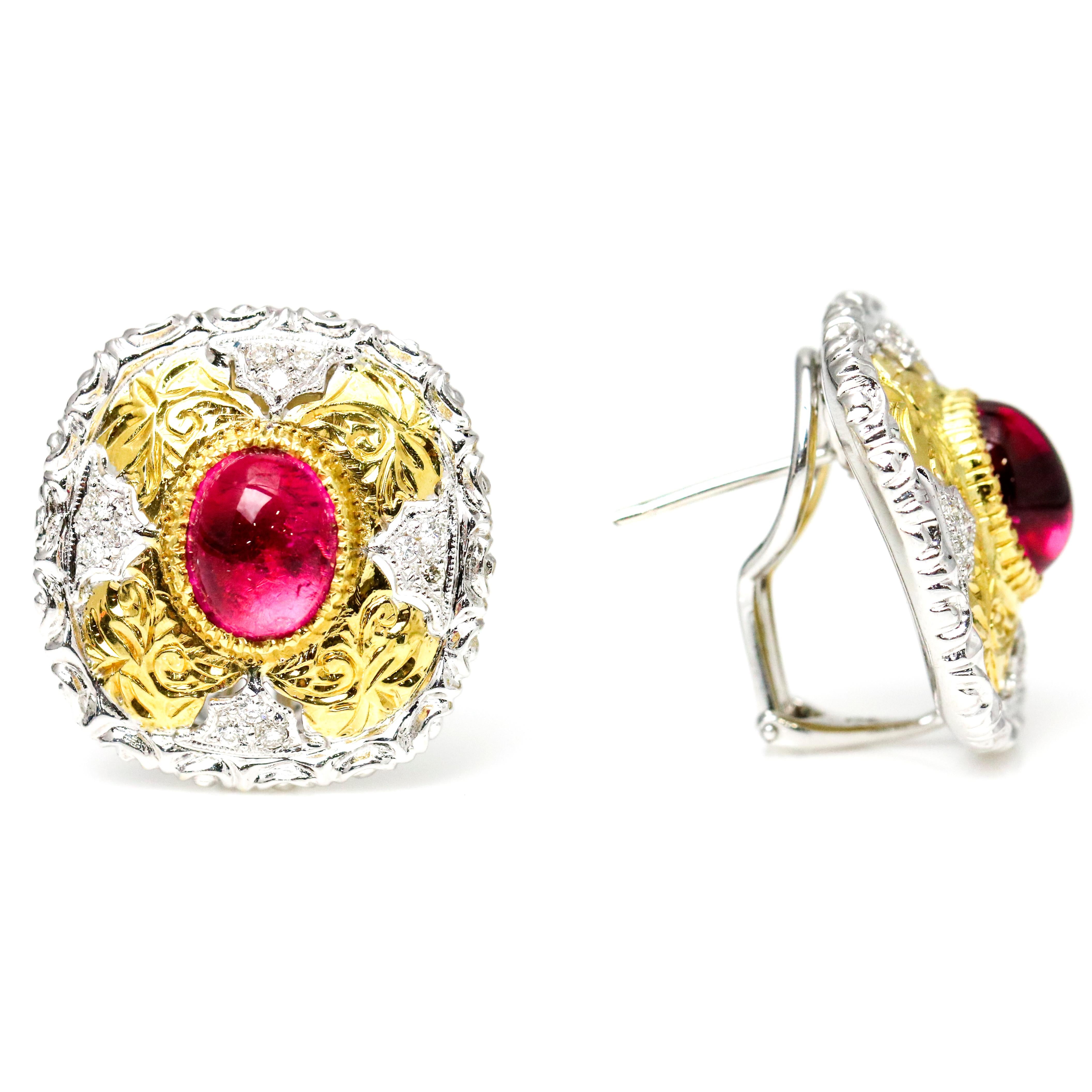Large square stud earrings crafted in 18 karat white and yellow gold bezel set with a cabochon-cut pink tourmaline and prong set with diamonds. The earrings have intricate gold work throughout that enhances the vibrant pink tourmaline gemstone at