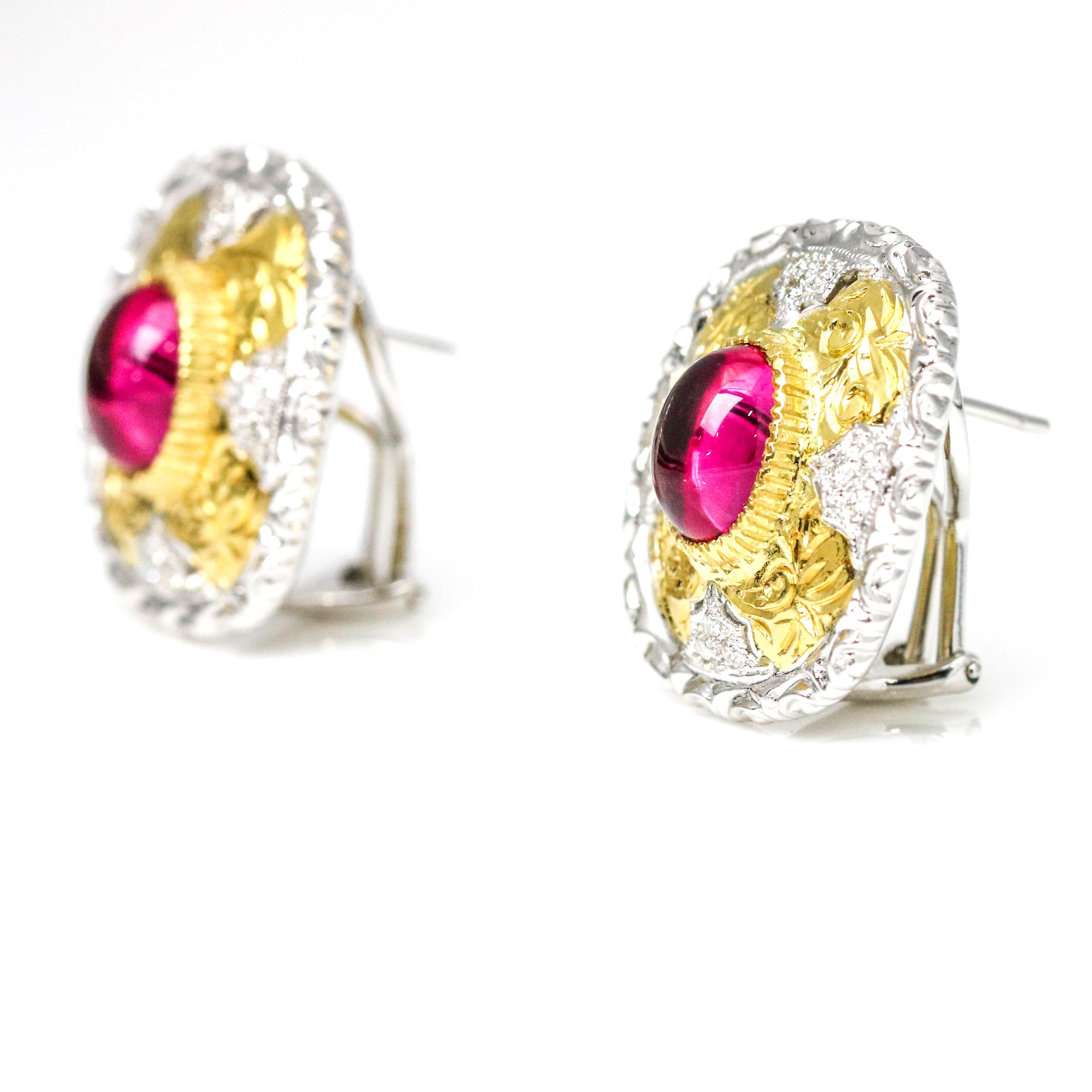Round Cut 4.56 Carat 18 Karat Gold Pink Tourmaline Diamond Stud Earrings For Sale