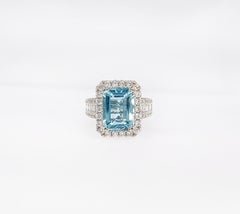 4.56 Carat Aquamarine Emerald Cut Diamond Halo Cocktail Ring, 18K White Gold