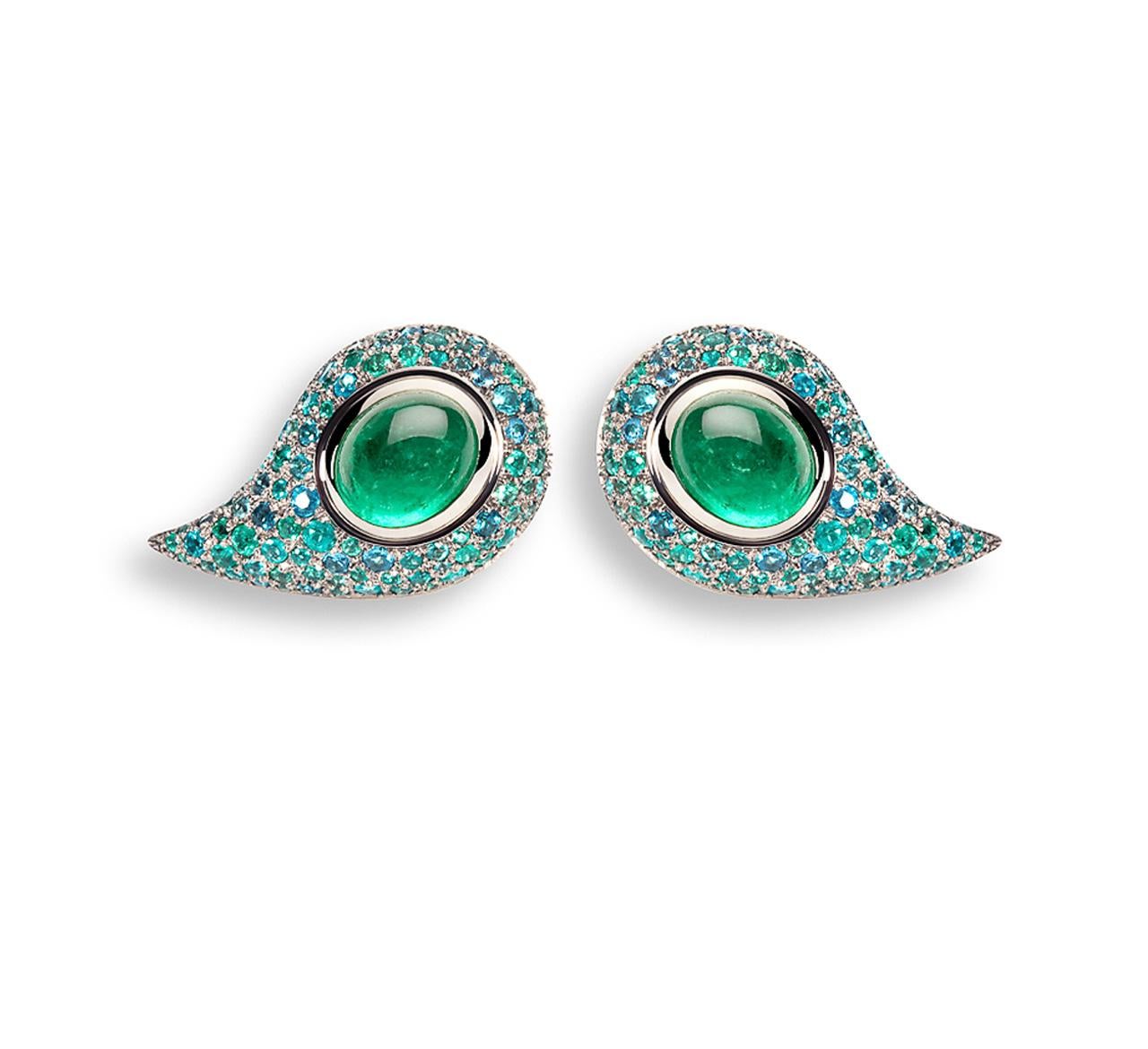 Stunning Studs with 2 Emeralds 8.34 Carat and very rare Brazilian Paraiba Tourmaline 4.56 Carat. The earrings are unique. 18 Carat White Gold 

They are handmade by Colleen B. Raosenblat.
