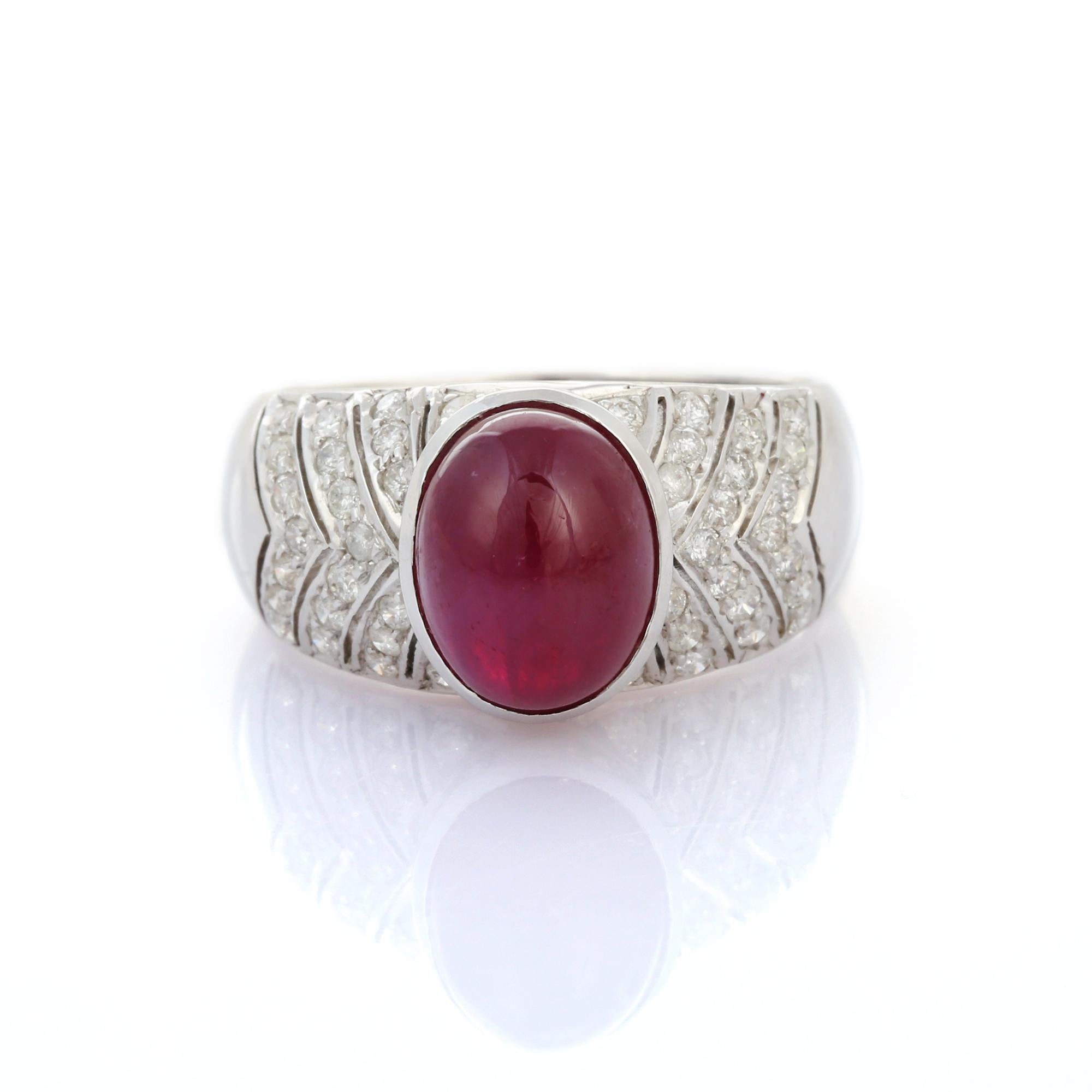 For Sale:  4.56 Carat Cabochon Ruby Cocktail Ring with Diamonds in 14K Solid White Gold 10