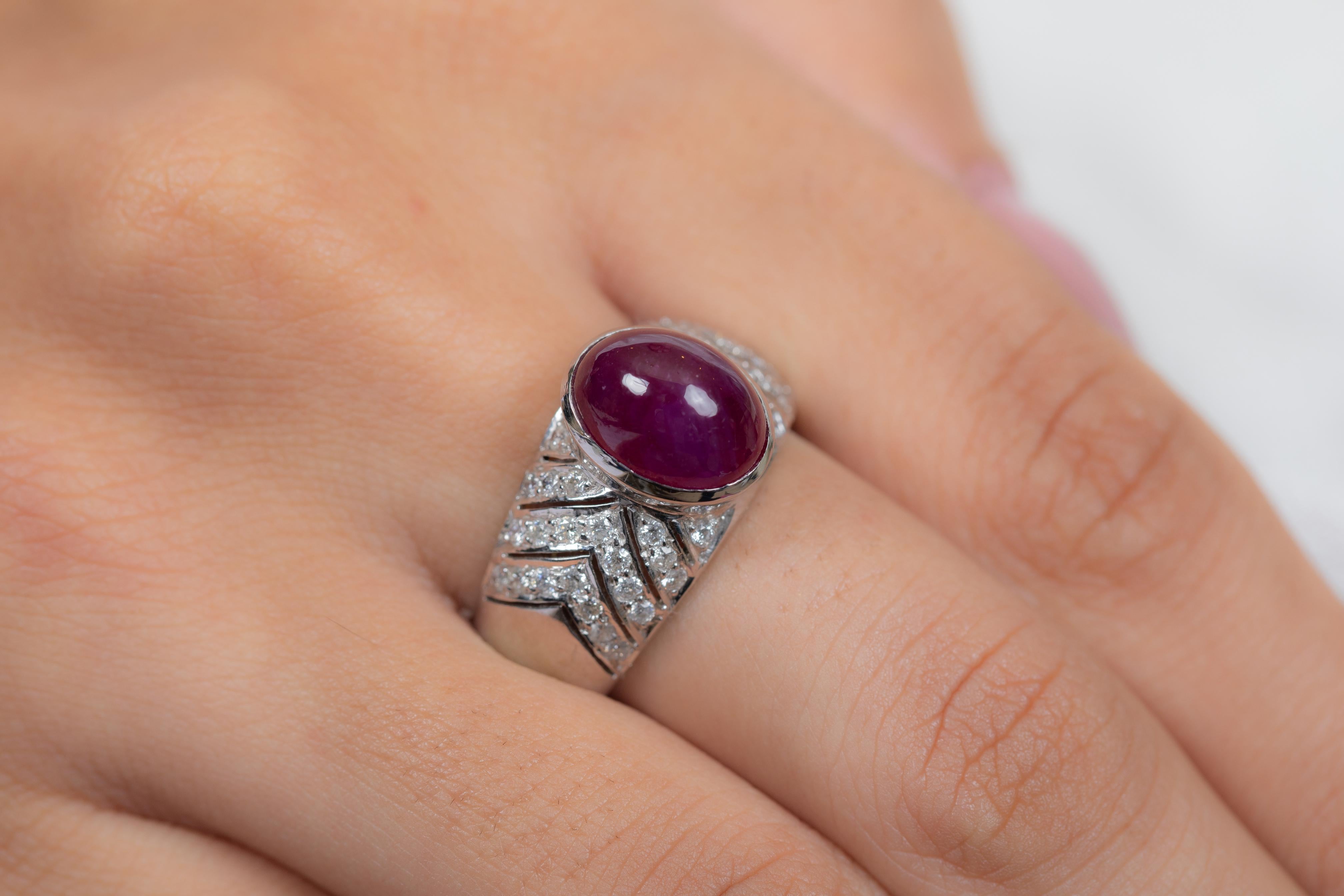 For Sale:  4.56 Carat Cabochon Ruby Cocktail Ring with Diamonds in 14K Solid White Gold 2