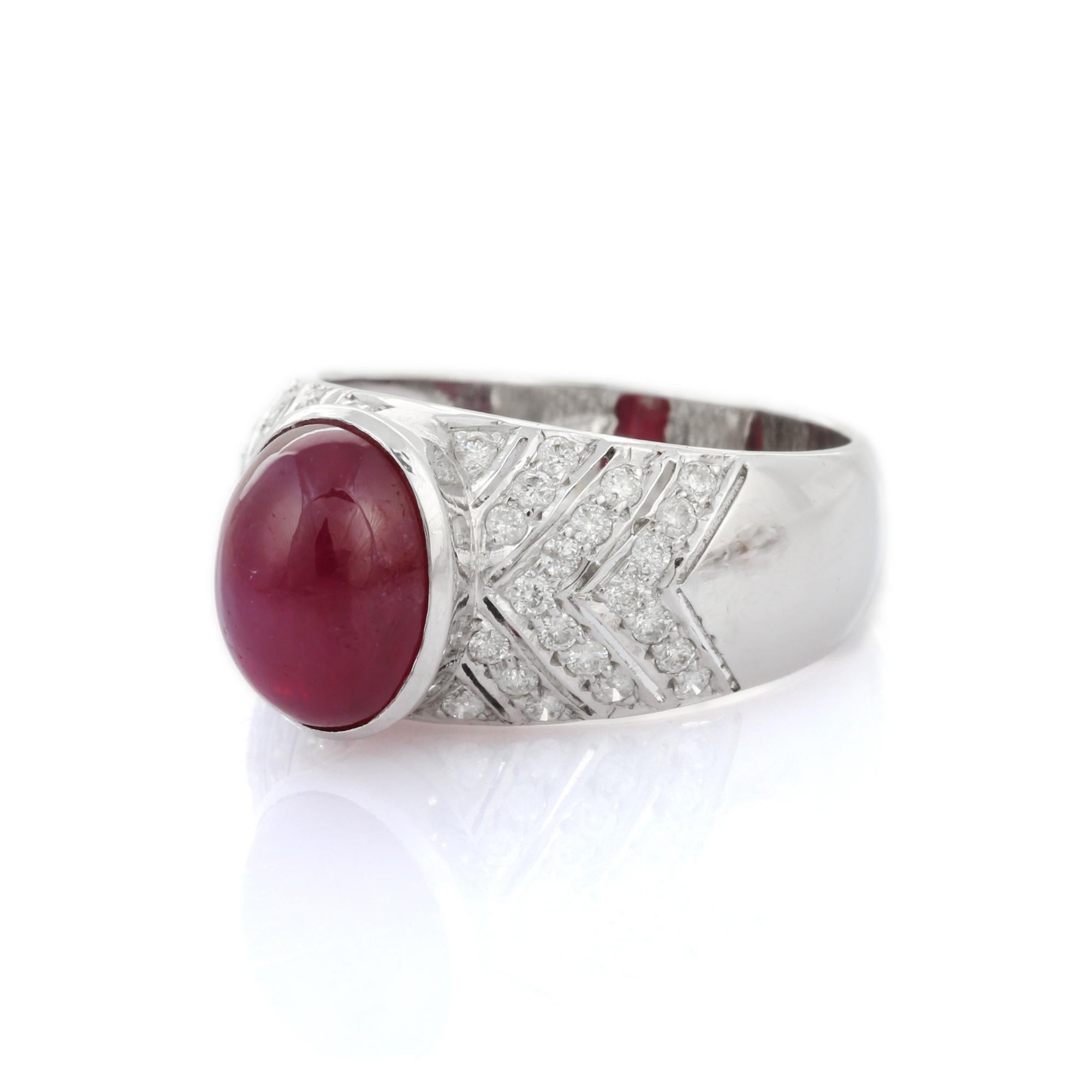 For Sale:  4.56 Carat Cabochon Ruby Cocktail Ring with Diamonds in 14K Solid White Gold 3