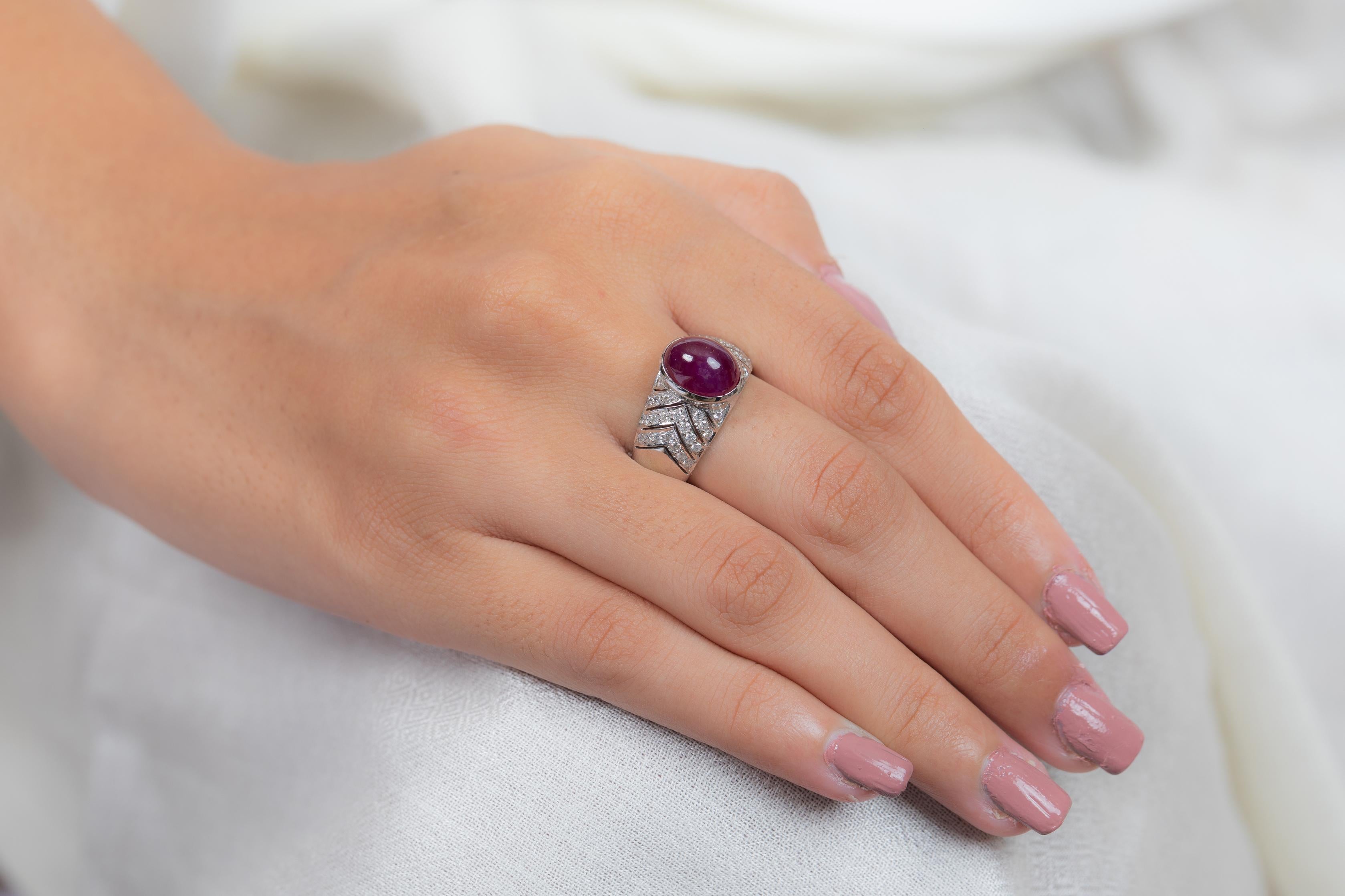 For Sale:  4.56 Carat Cabochon Ruby Cocktail Ring with Diamonds in 14K Solid White Gold 4