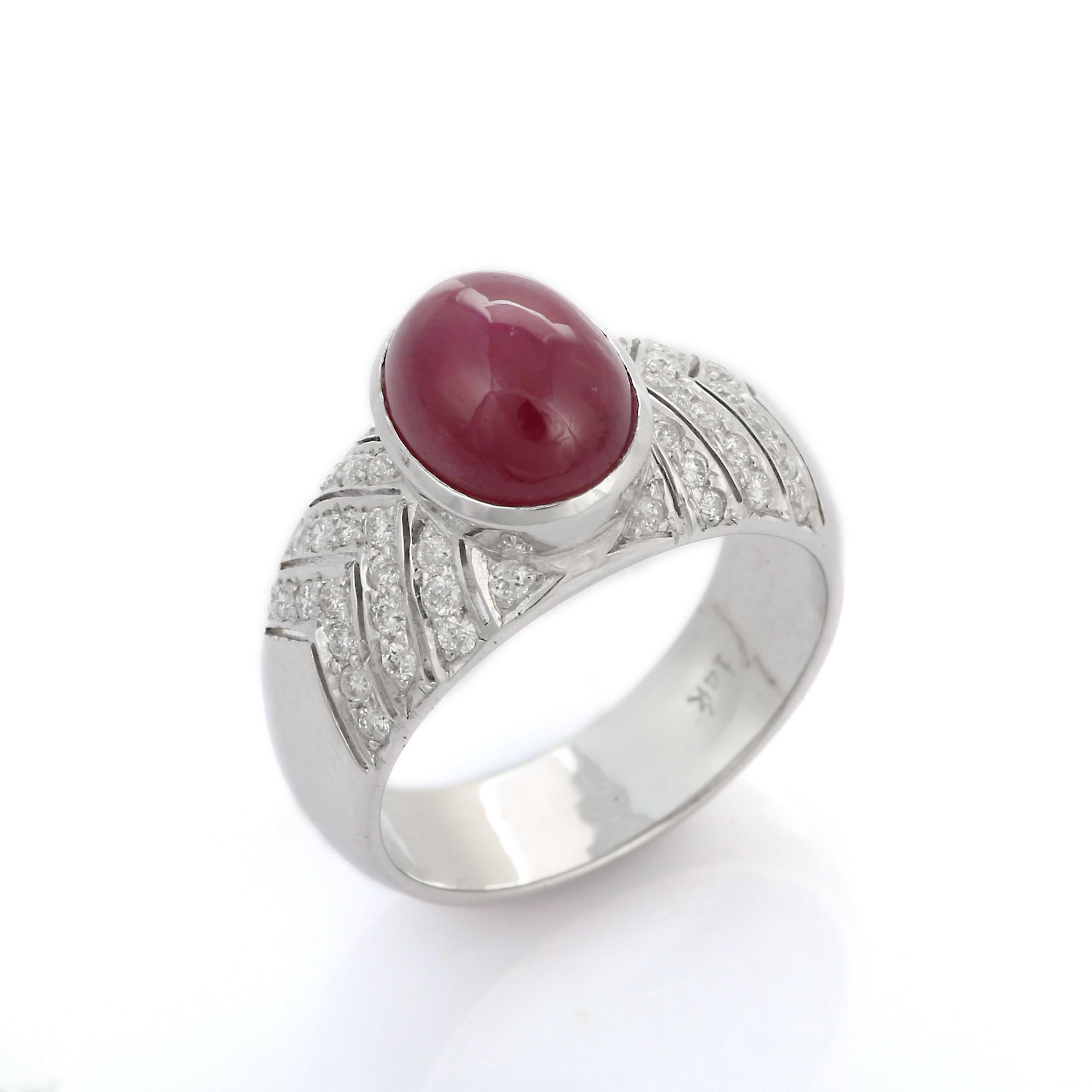 For Sale:  4.56 Carat Cabochon Ruby Cocktail Ring with Diamonds in 14K Solid White Gold 7