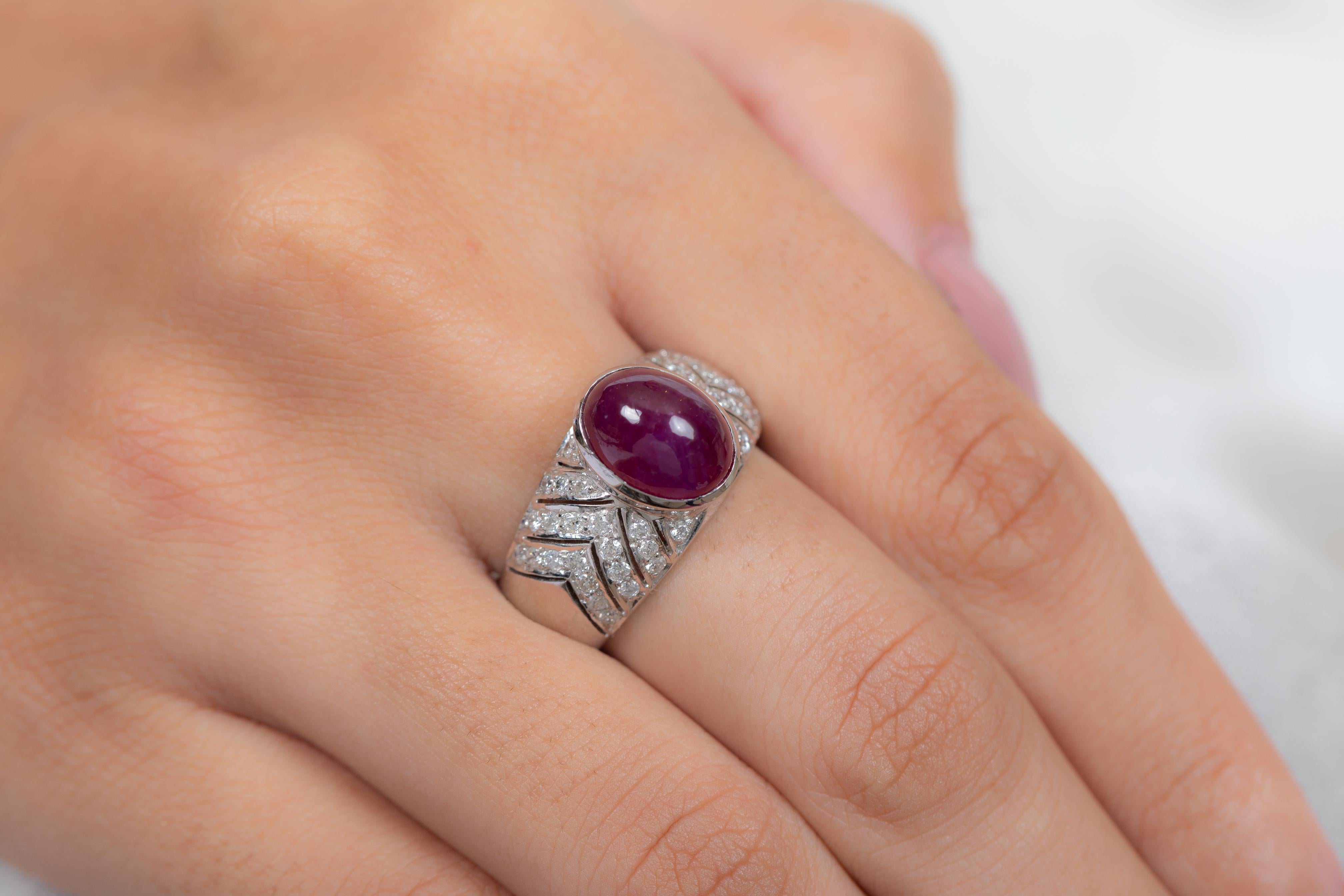 For Sale:  4.56 Carat Cabochon Ruby Cocktail Ring with Diamonds in 14K Solid White Gold 8