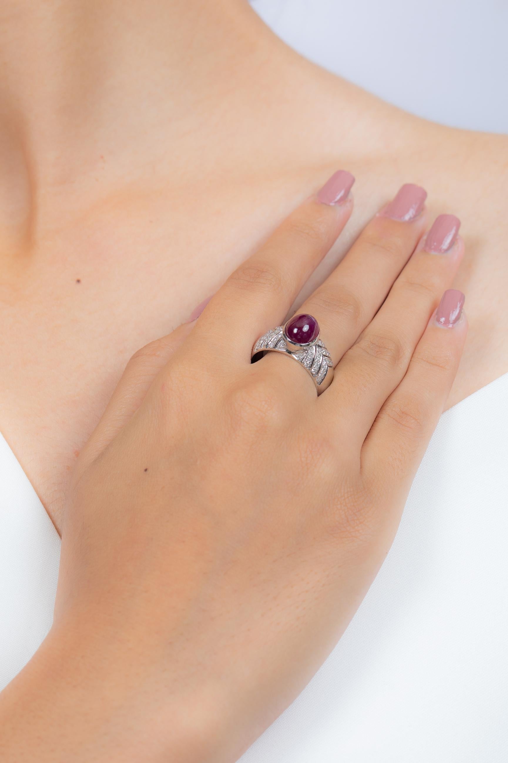 For Sale:  4.56 Carat Cabochon Ruby Cocktail Ring with Diamonds in 14K Solid White Gold 9