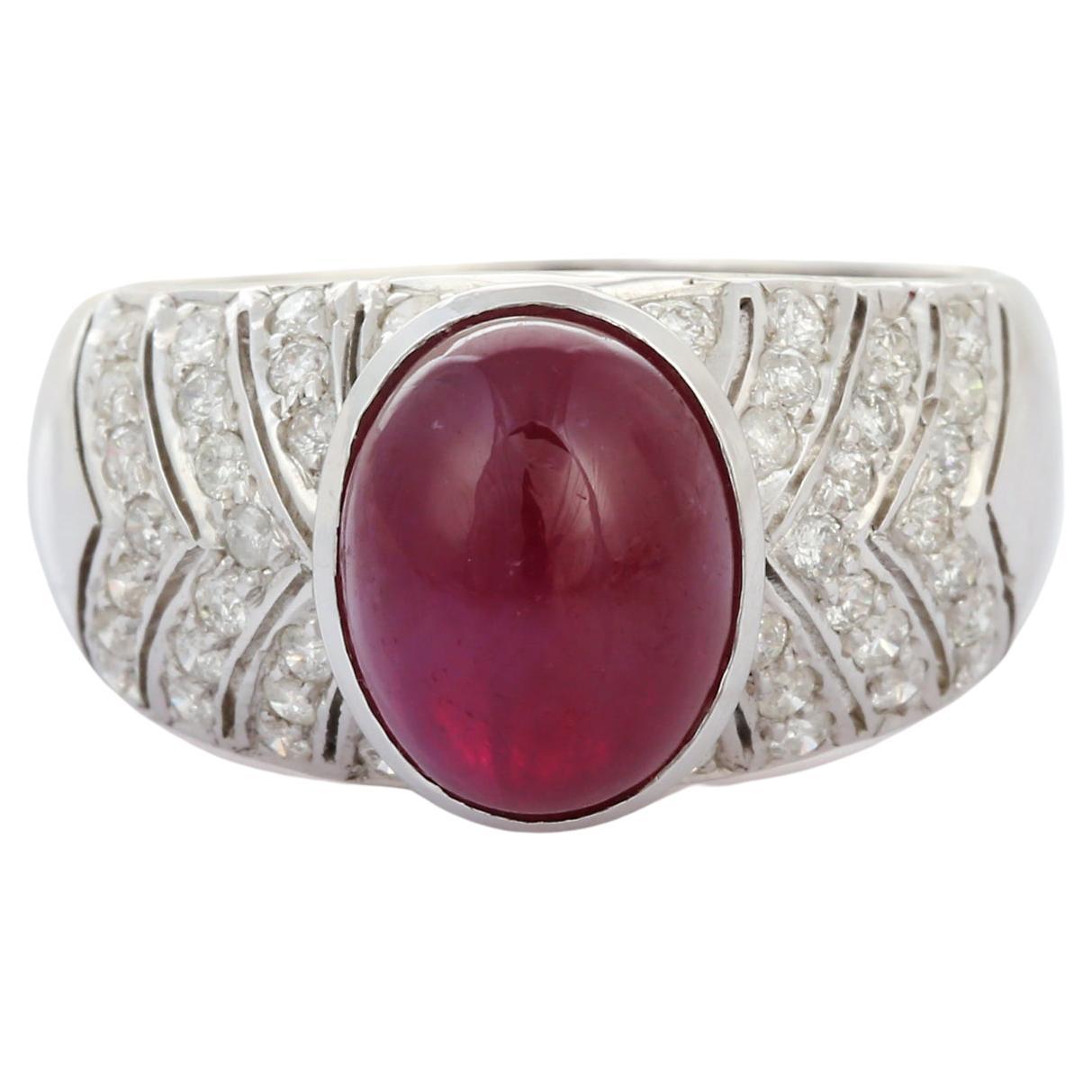 4.56 Carat Cabochon Ruby Cocktail Ring with Diamonds in 14K Solid White Gold