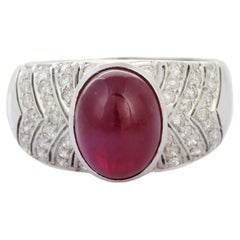 4.56 Carat Cabochon Ruby Cocktail Ring with Diamonds in 14K Solid White Gold