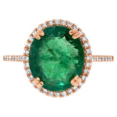 4.56 Carat Oval Green Emerald & Diamond Ring 14K Rose Gold Elegant & Luxurious