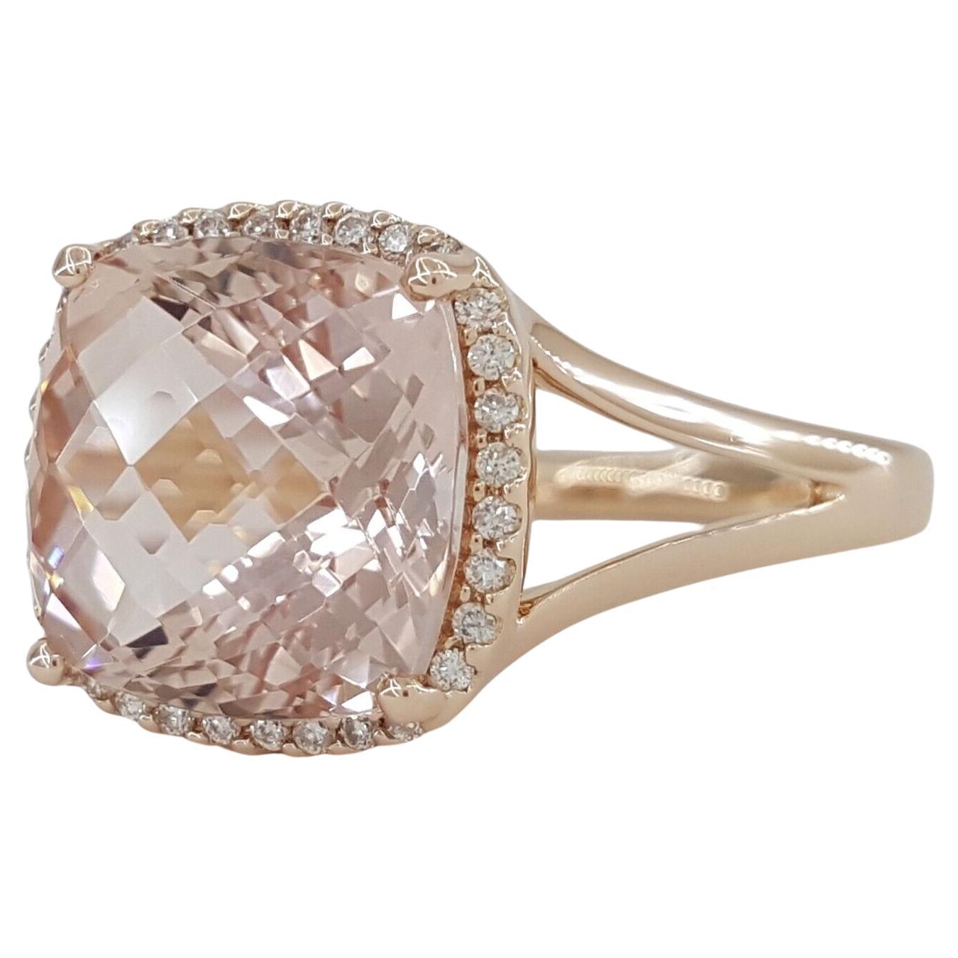 Cushion Cut 4.56 Carat Pink Morganite Round Diamond 14K Rose Gold Ring For Sale