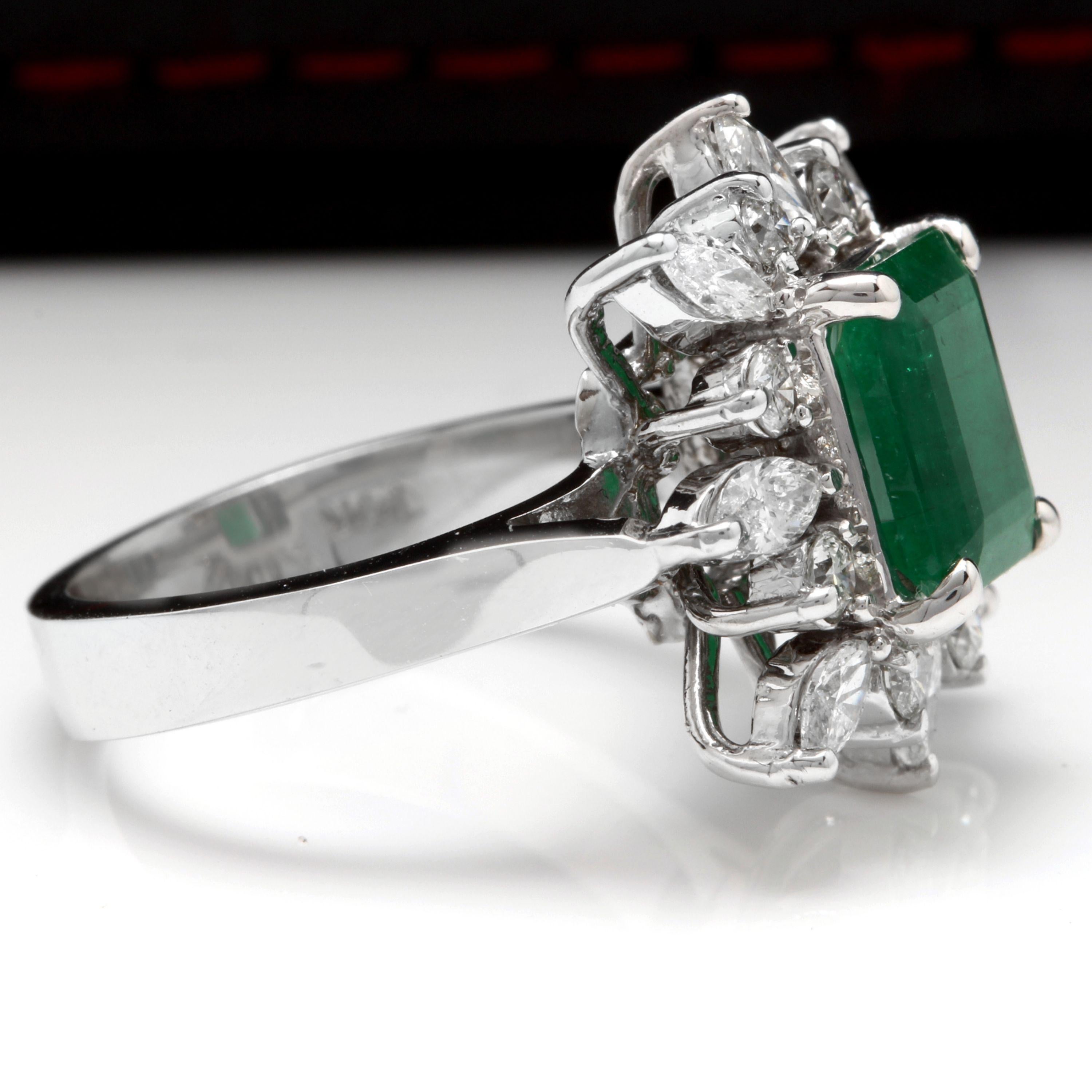 4.56 Carats Natural Emerald and Diamond 14K Solid White Gold Ring

Total Natural Green Emerald Weight is: Approx. 3.06 Carats (transparent)

Emerald Measures: Approx. 9.11 x 7.66mm

Emerald Treatment: Oiling

Natural Round & Marquise Diamonds