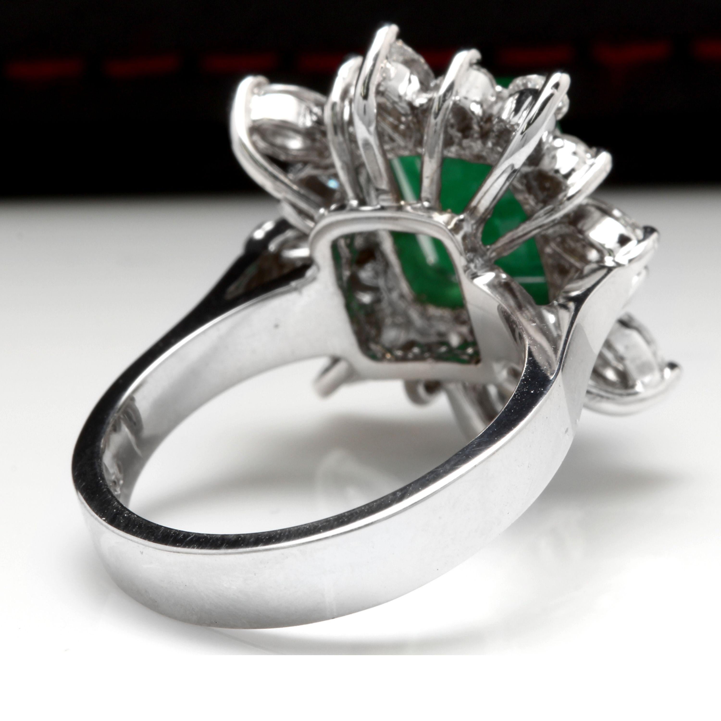 Emerald Cut 4.56 Carat Natural Emerald and Diamond 14 Karat Solid White Gold Ring For Sale