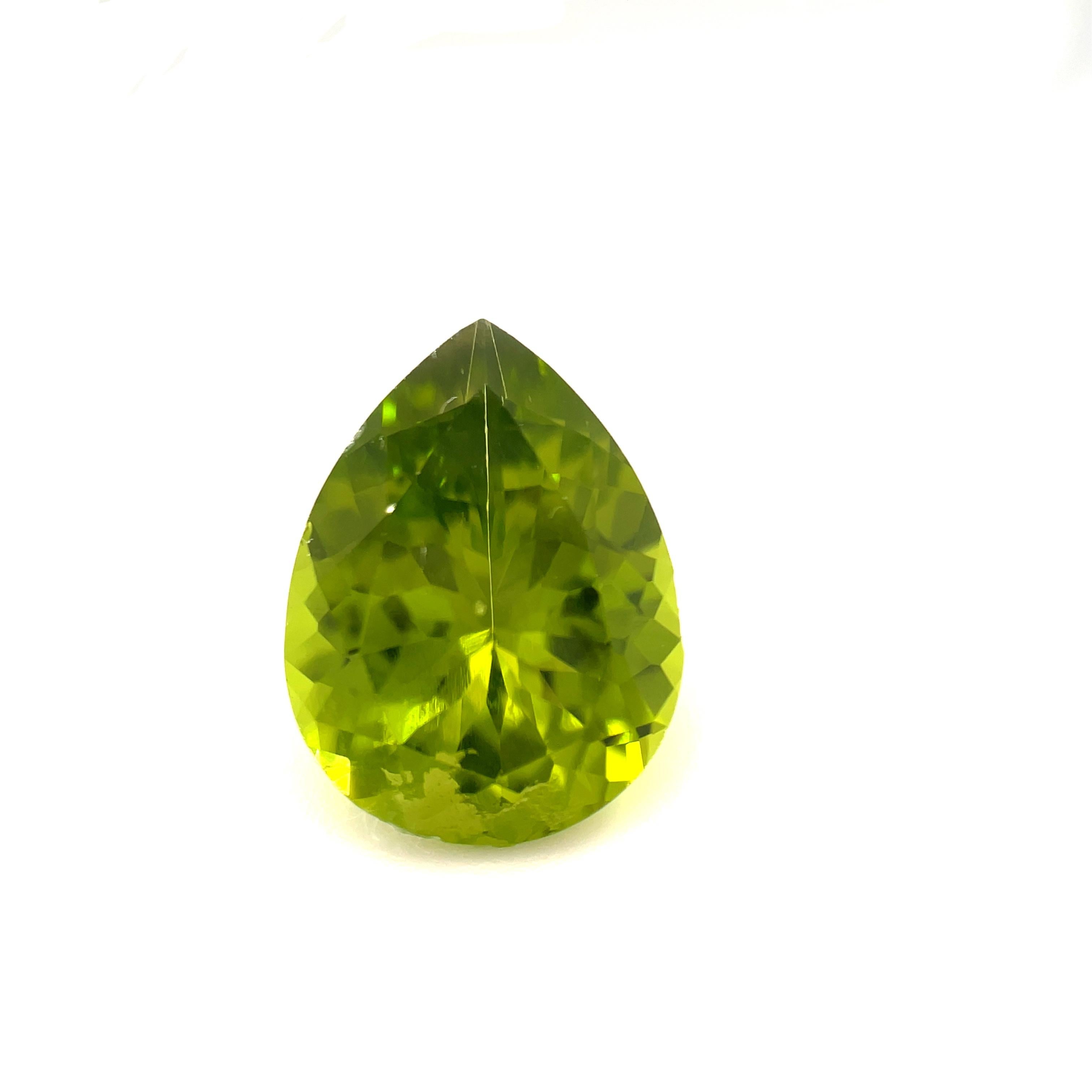 This 4.56 carat pear shaped peridot would make a beautiful custom-made ring or pendant! It has gorgeous apple green color, a beautiful shape and eye-catching sparkle. Measuring 13.30 x 10.01 x 5.98mm, this gem has lovely proportions and would lend