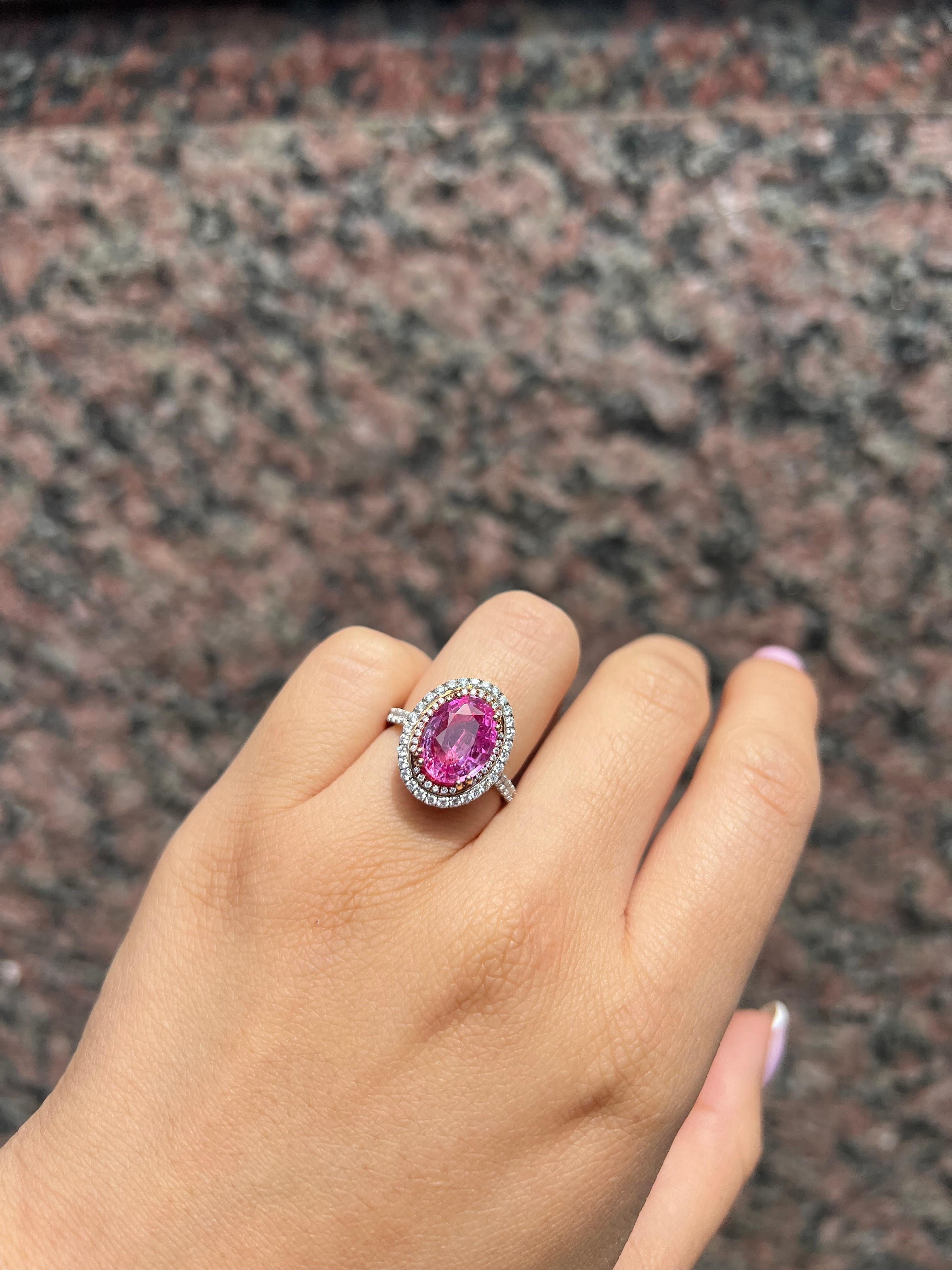 4.56 Total Ct Oval Pink Sapphire & Diamond Double-Halo Pave-Set Ladies Ring, GIA For Sale 4