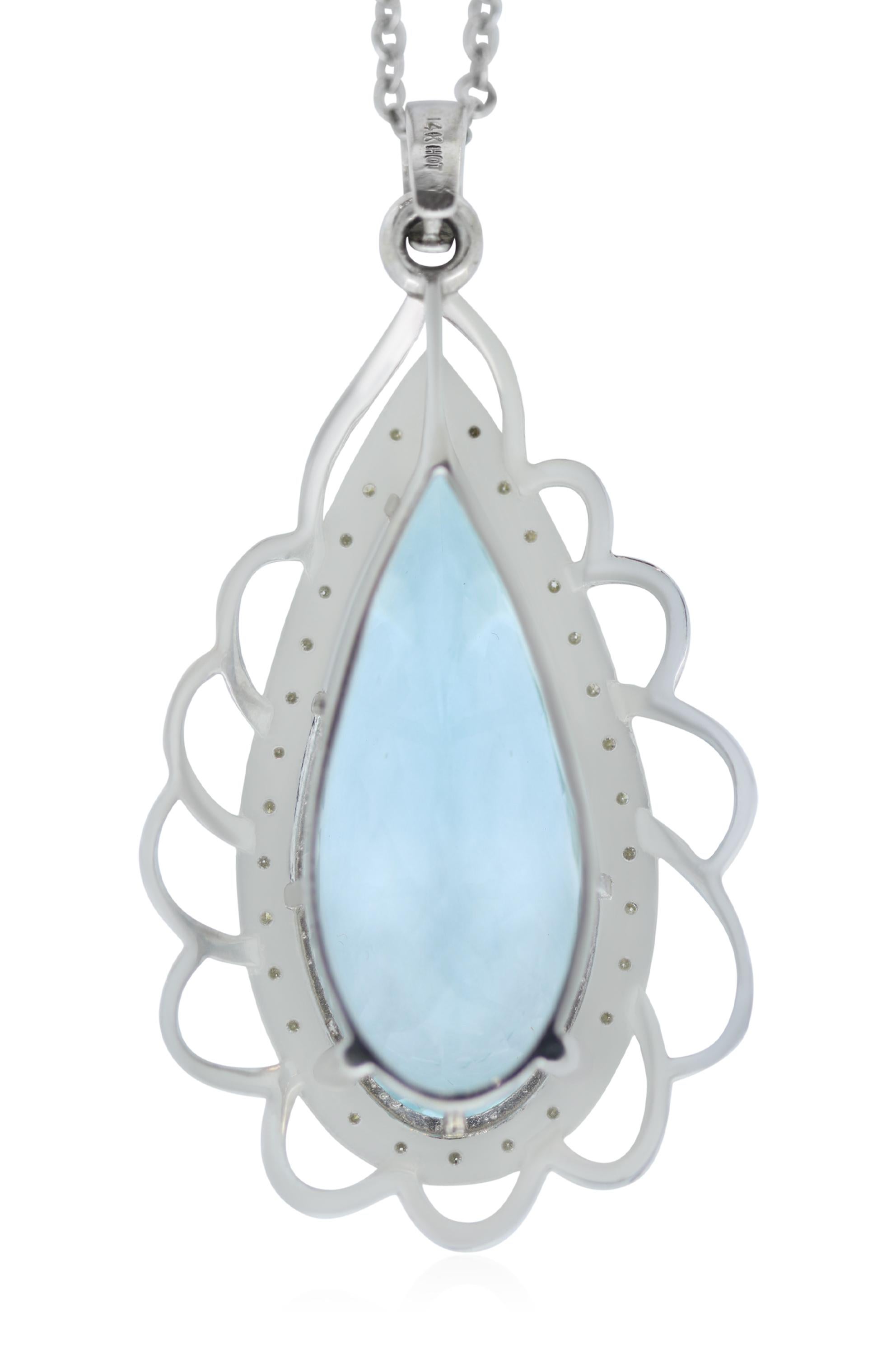 A fun & vibrant piece, this 45.63 Carat Pear shaped Aquamarine will command attention. Framed with 30 brilliant Round White Diamonds at 0.40 Carats, this statement pendant will have all eyes on you. 

Material: 14k White Gold 
Center Stone Details:
