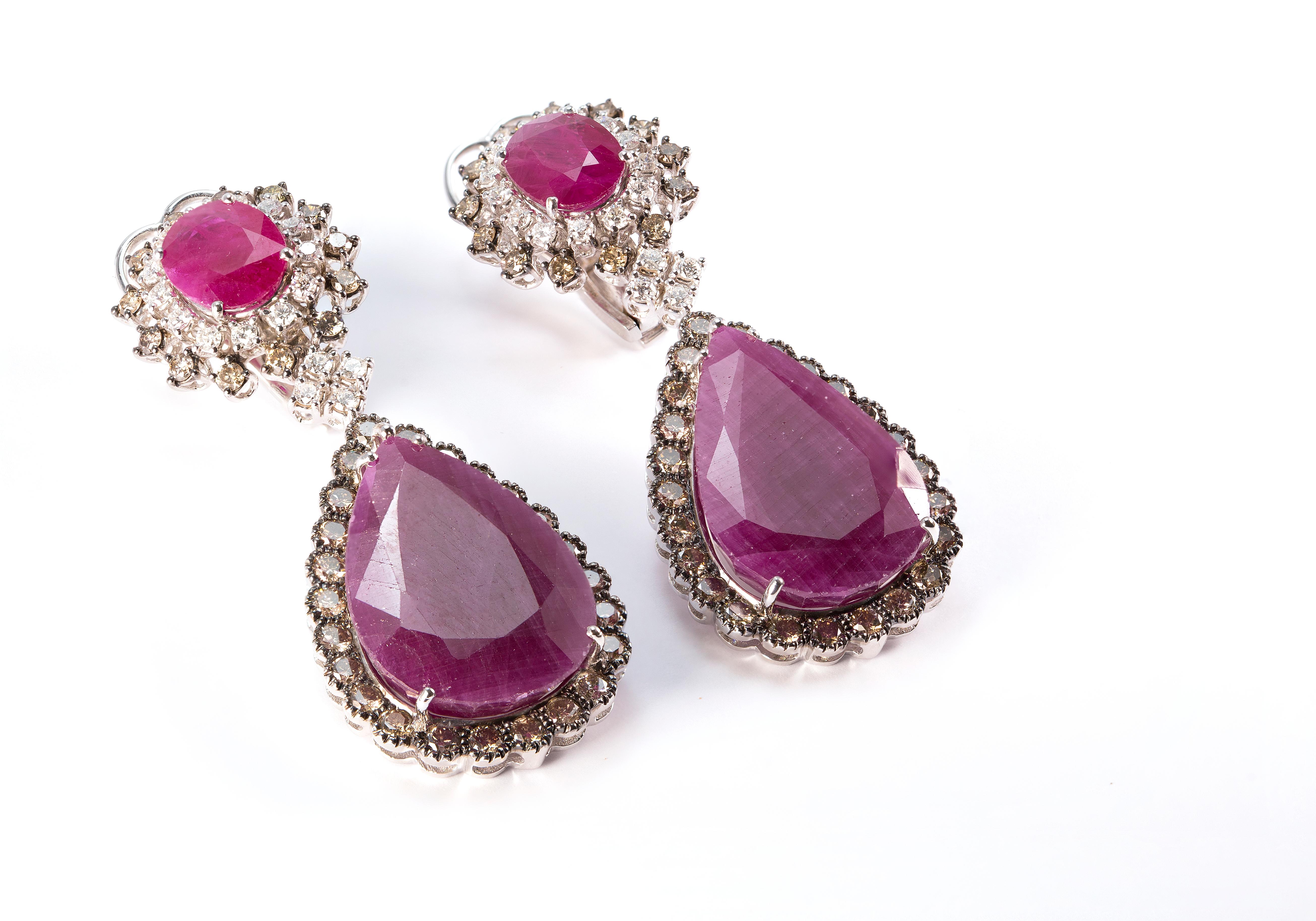 Contemporary 45.64 Carat African Ruby Brown and White Diamond Drop Earrings For Sale
