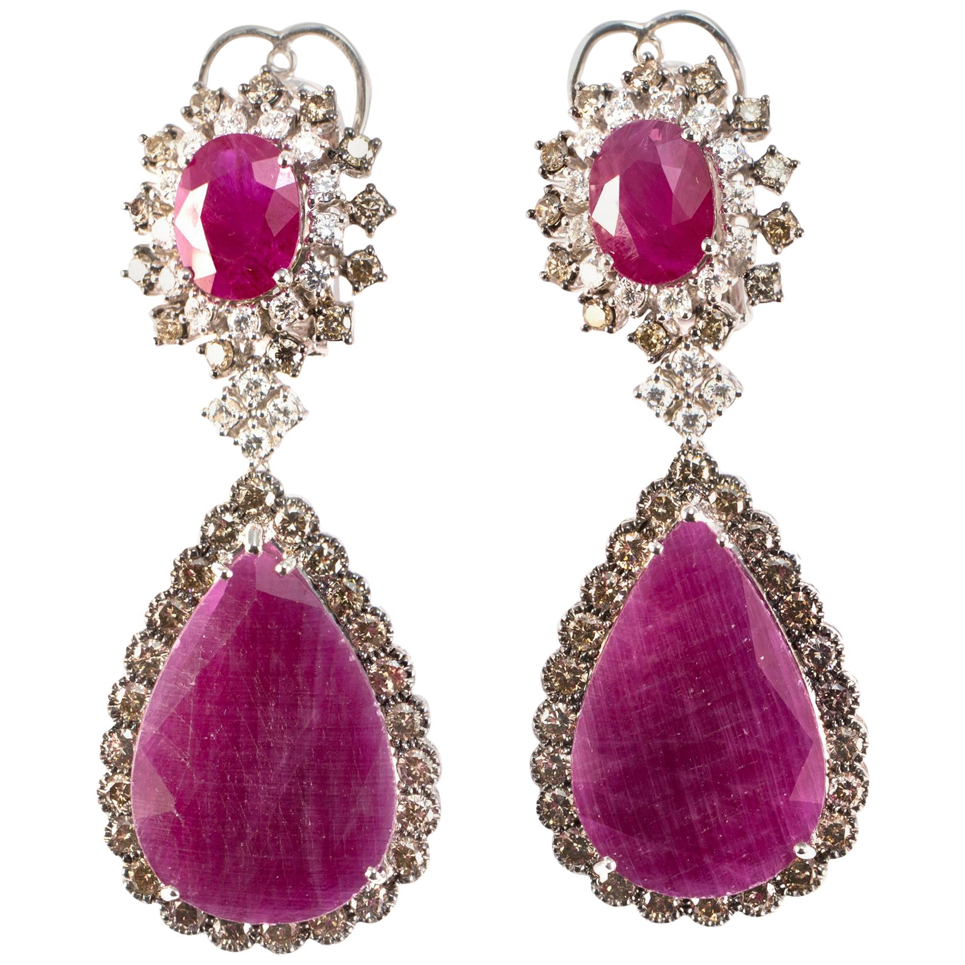 45.64 Carat African Ruby Brown and White Diamond Drop Earrings For Sale