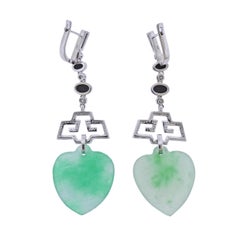 45.64ctw Jadeite Jade Diamond Onyx Gold Drop Earrings