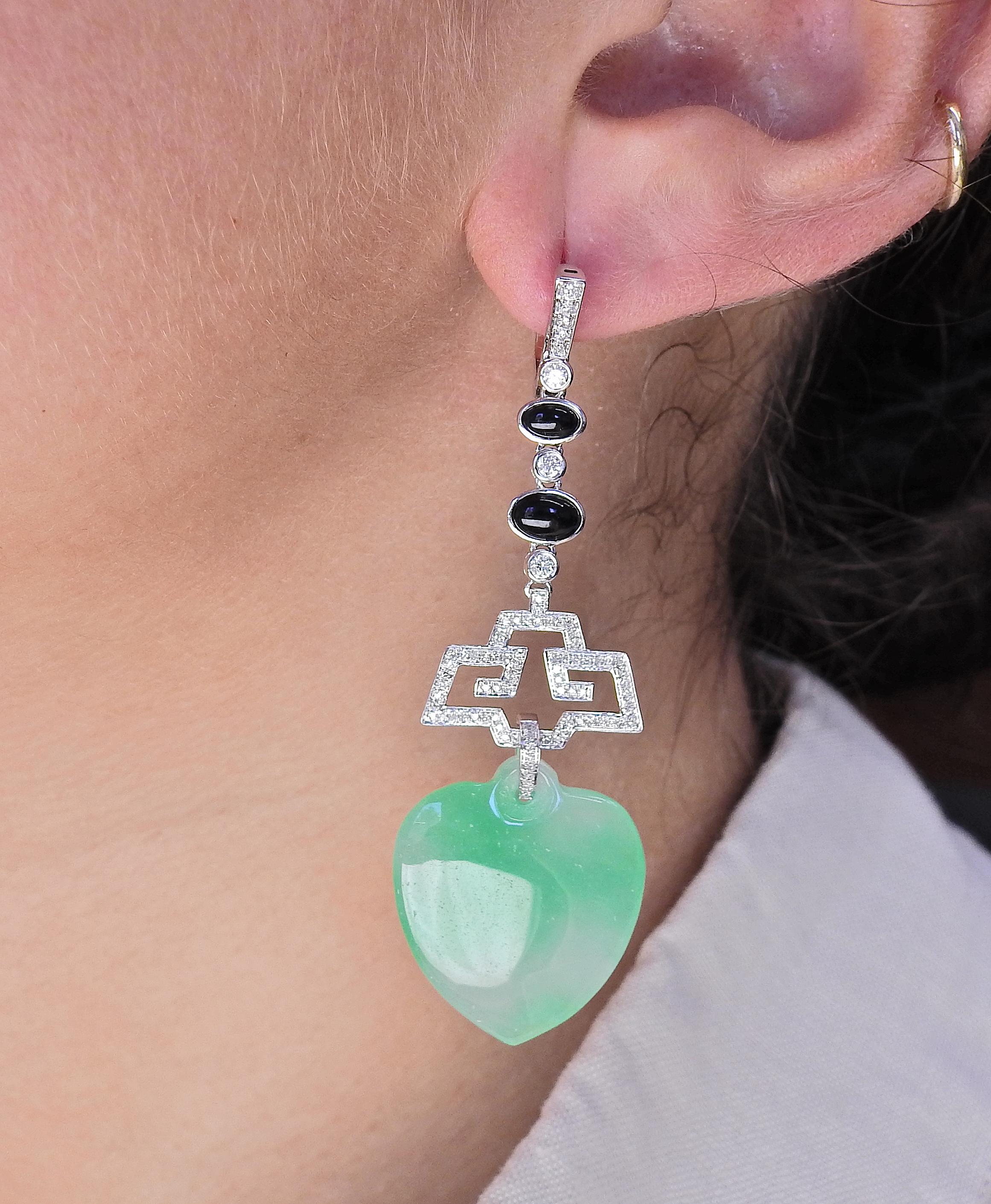 45.64ctw Jadeite Jade Diamond Onyx Gold Drop Earrings In Excellent Condition For Sale In New York, NY
