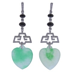 45.64ctw Jadeite Jade Diamond Onyx Gold Drop Earrings