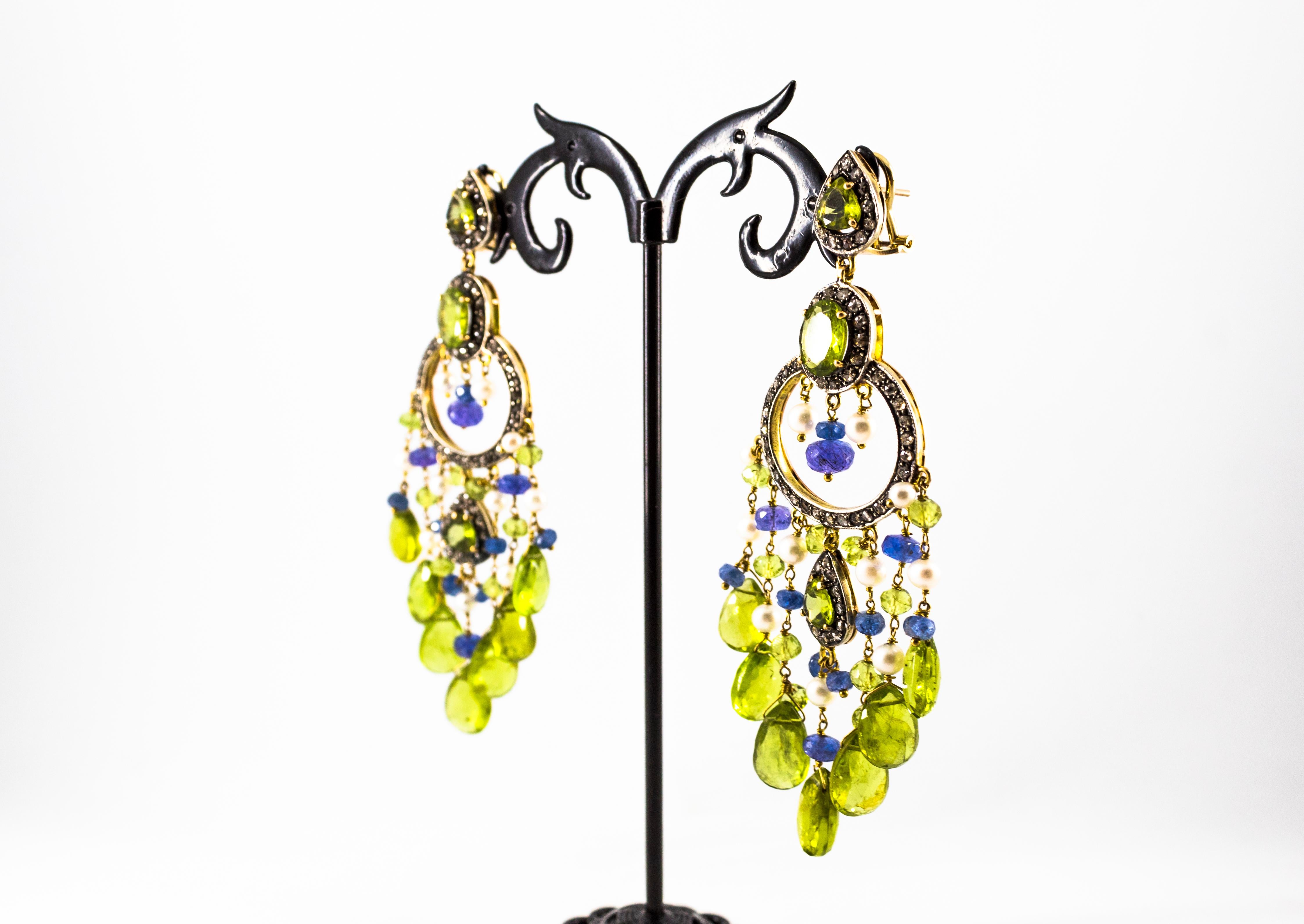 45.65 Carat White Rose Cut Diamond Tanzanite Peridot Pearl Yellow Gold Earrings In New Condition In Naples, IT